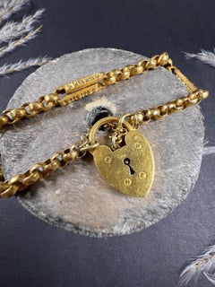 9ct Gold Victorian Paperclip & Faceted Belcher Link Bracelet Heart Padlock Clasp