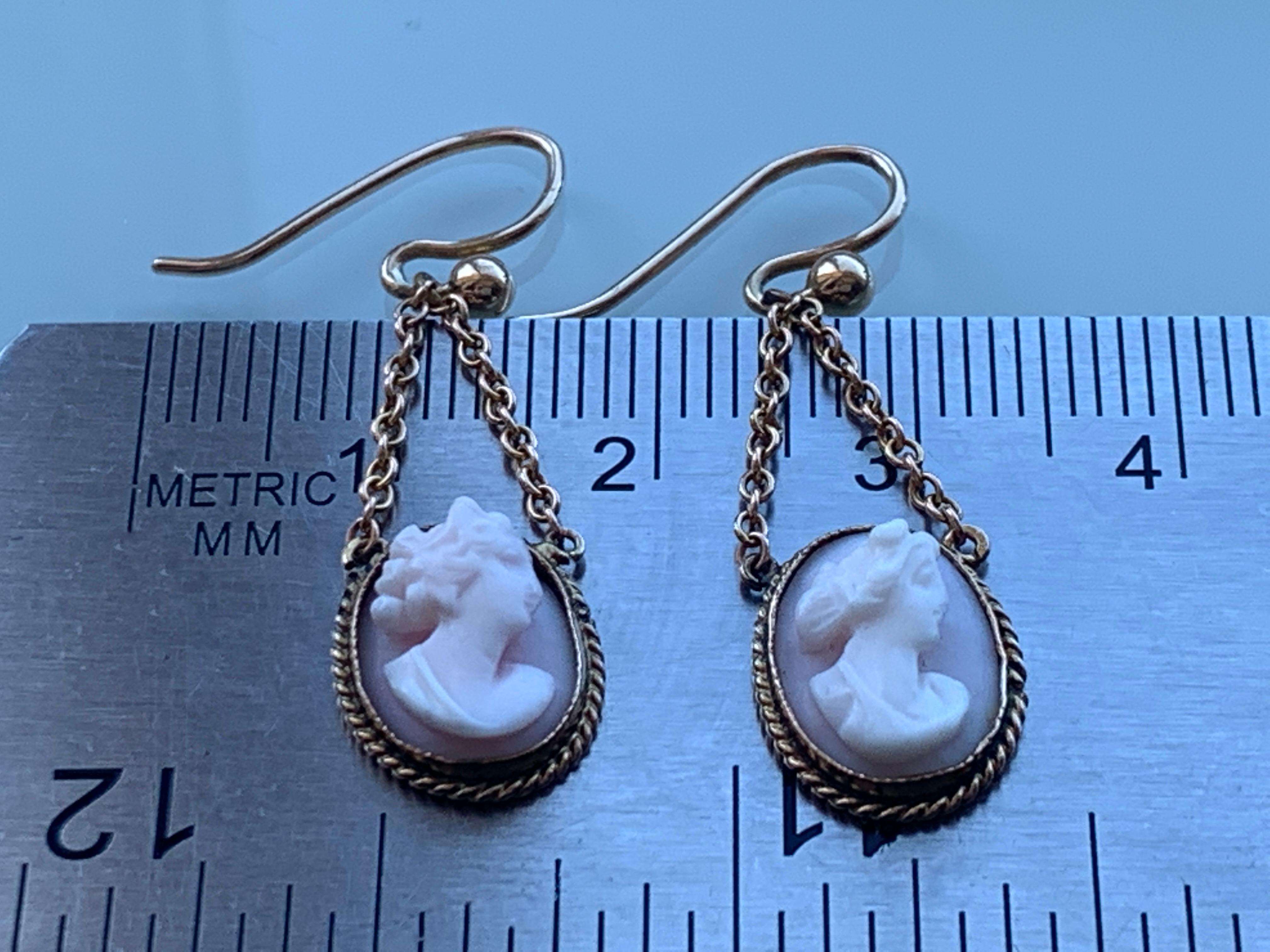 Women's 9ct Gold Victorian Pink Cameo Chain Earrings