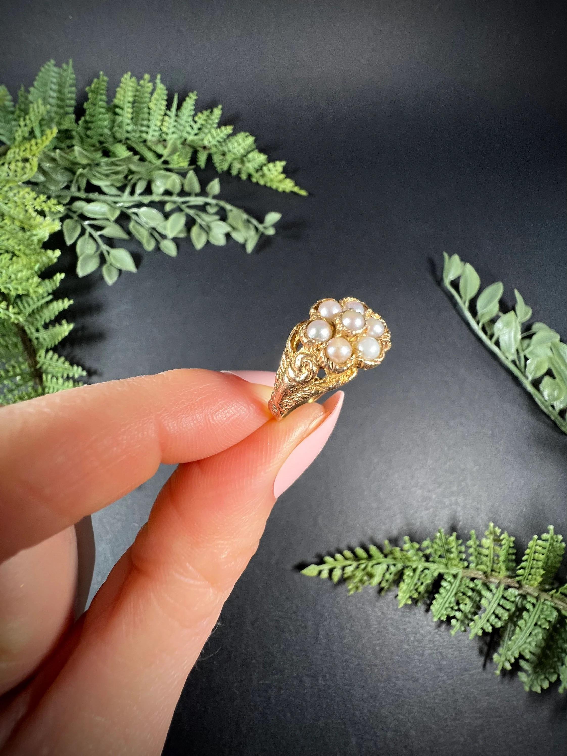 9ct Gold Victorian Seed Pearl Daisy Cluster Ring With Hand Carved Gold Work For Sale 5