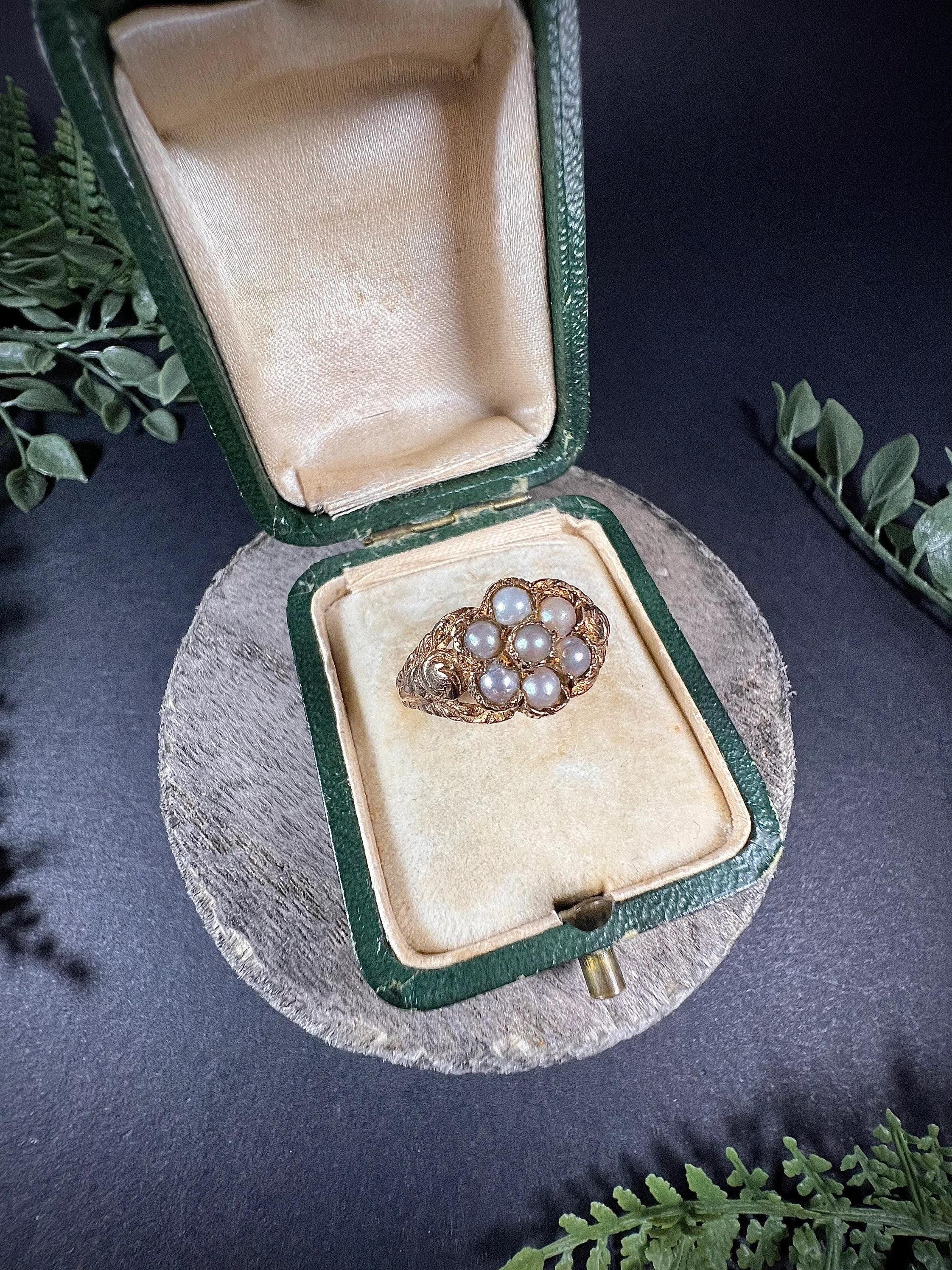Round Cut 9ct Gold Victorian Seed Pearl Daisy Cluster Ring With Hand Carved Gold Work For Sale