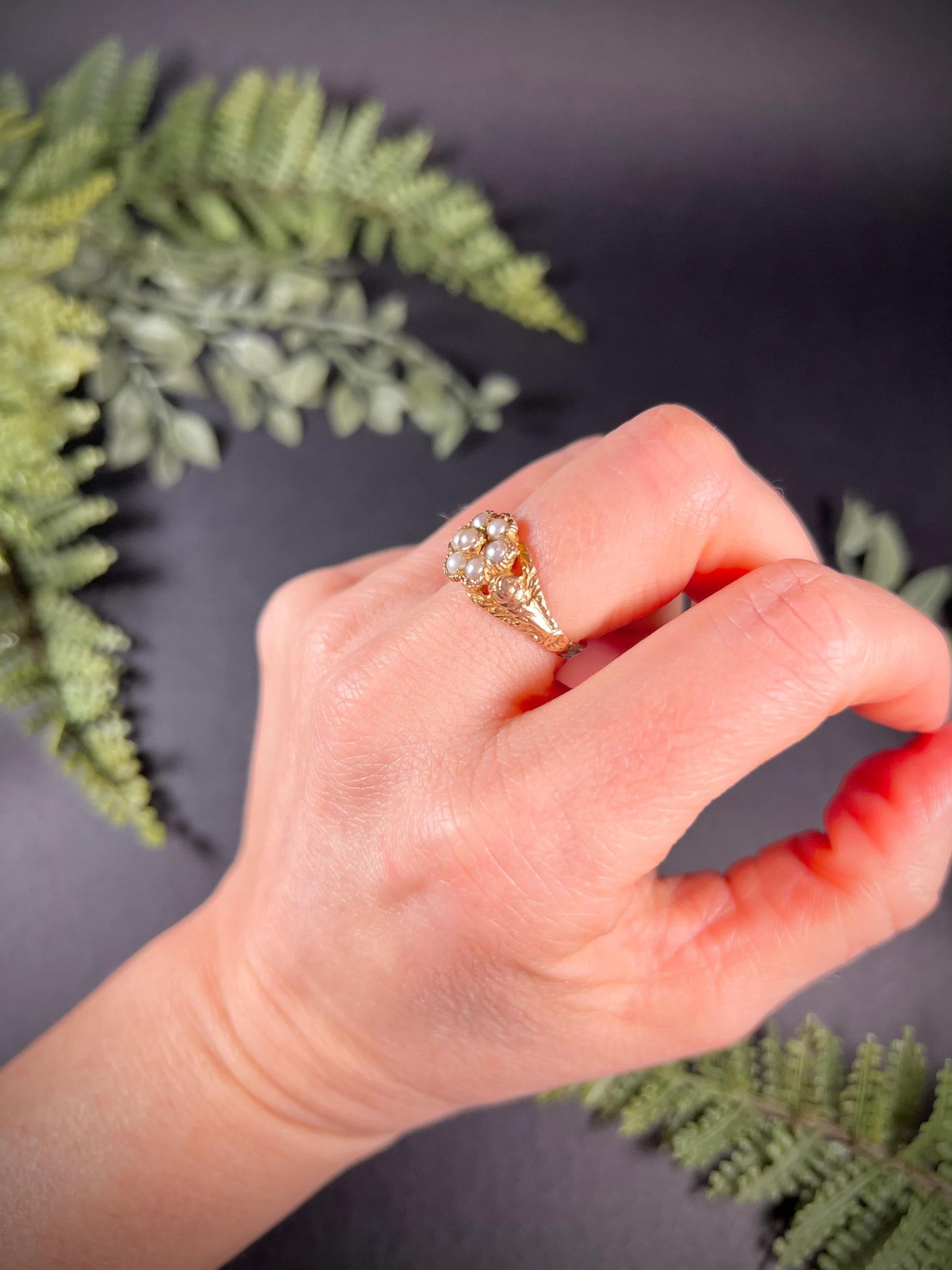 9ct Gold Victorian Seed Pearl Daisy Cluster Ring With Hand Carved Gold Work In Good Condition For Sale In Brighton, GB