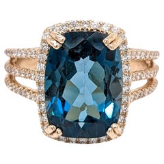 9ct London Blue Topaz Ring w Earth Mined Diamonds in Solid 14K Gold CU 14x10mm