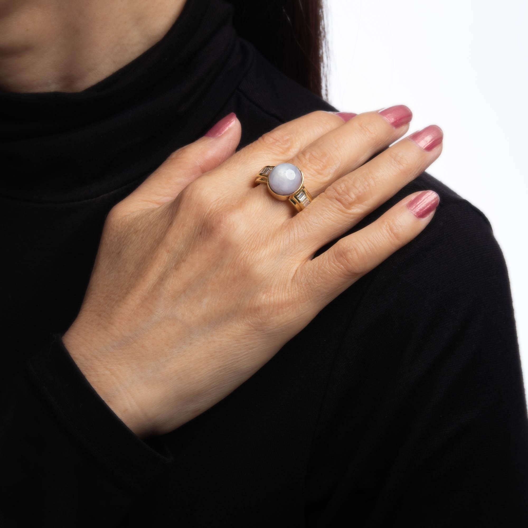 Modern 9ct Natural Star Sapphire Ring Six Point Diamond Vintage 18k Gold Blue Grey 9.5 For Sale