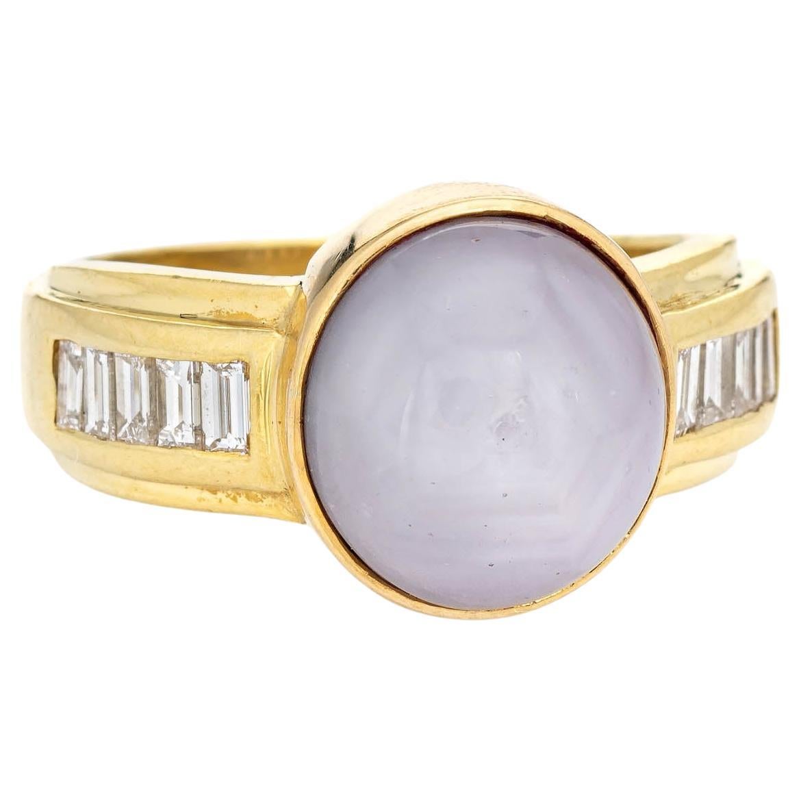 9ct Natural Star Sapphire Ring Six Point Diamond Vintage 18k Gold Blue Grey 9.5 For Sale