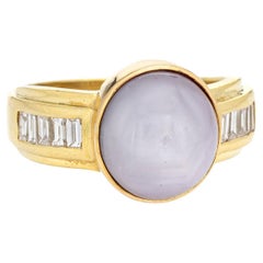 9 Karat natürlicher Stern-Saphir-Ring Sechspunkt-Diamant Vintage 18k Gold Blau Grau 9,5
