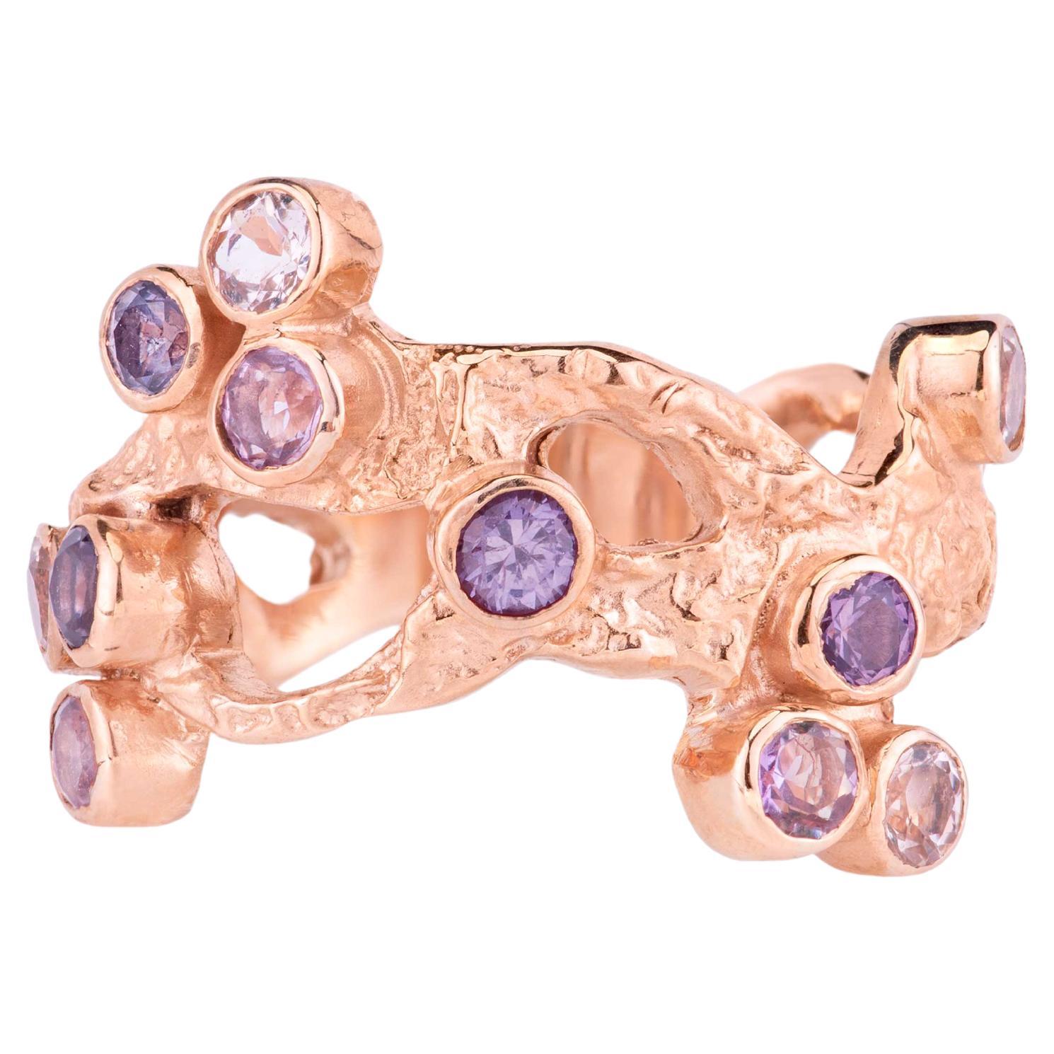 9ct Peach Gold Sakura Ring with Amethyst, Morganite & Spinel For Sale