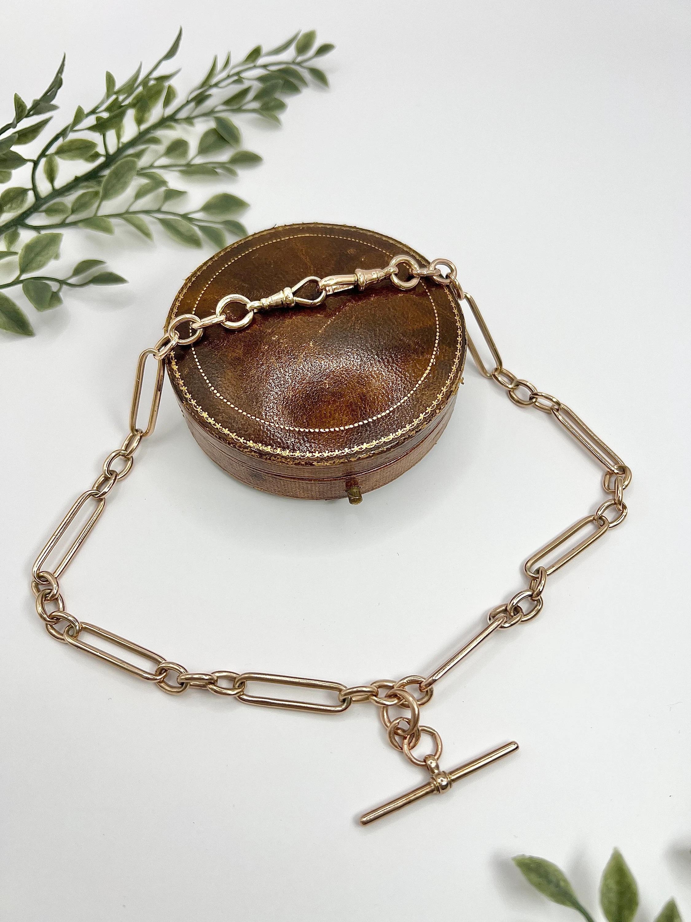 9ct Rose Gold 18 Inch Fancy Edwardian Trombone Fetter Link Albert Chain Necklace In Good Condition In Brighton, GB