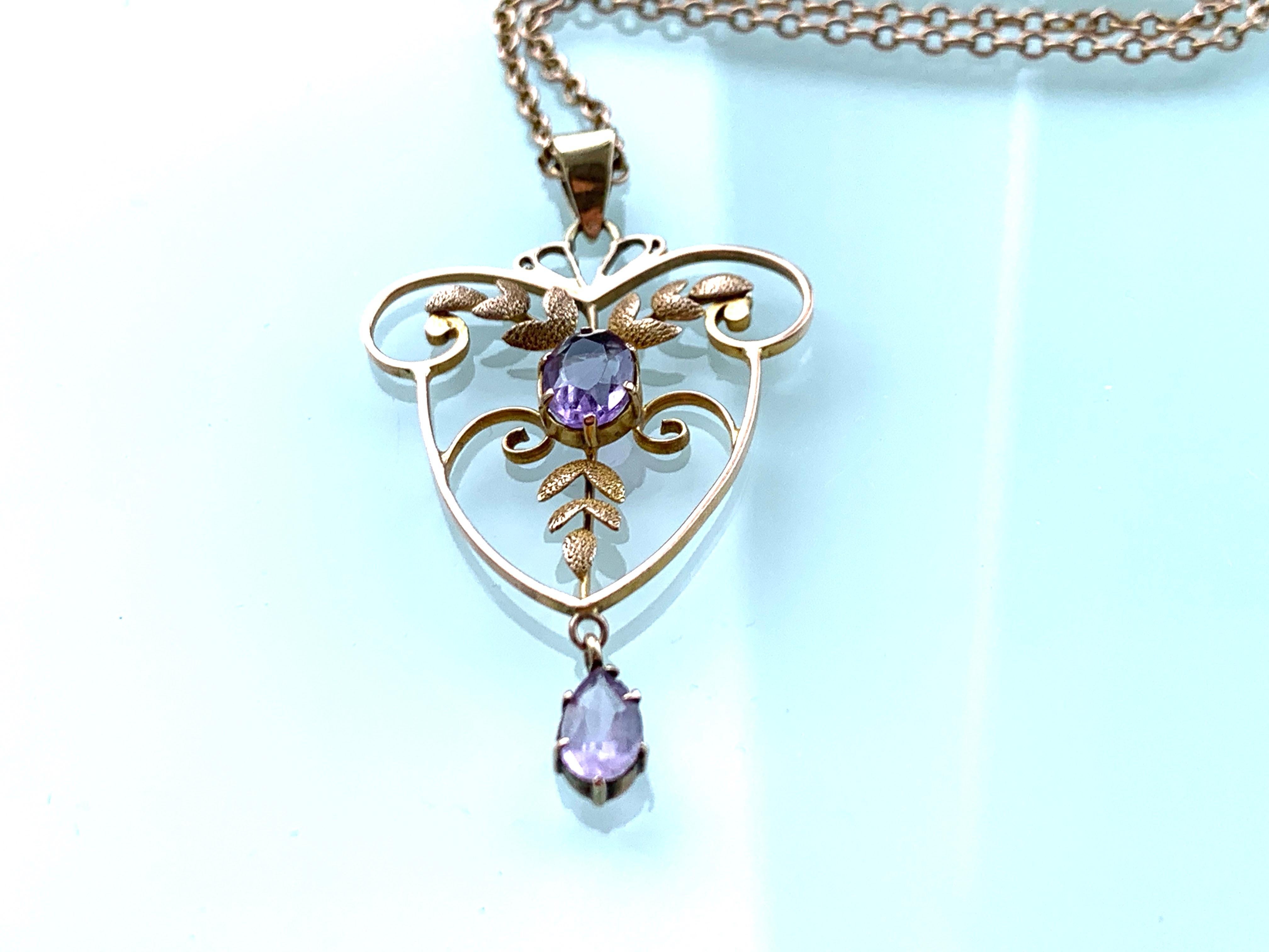 Beautiful antique necklace
( Pendant & chain ) 
Victorian floral design 
9ct rose gold 
with amethyst gemstones
Pendant Size  : 4.5cm  x 2.75cm x 1mm
Chain Length : 16