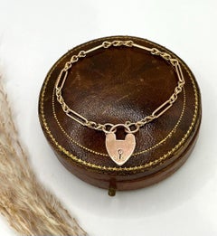 9ct Rose Gold Bracelet, Edwardian Fancy Link with Heart Padlock, Circa 1910