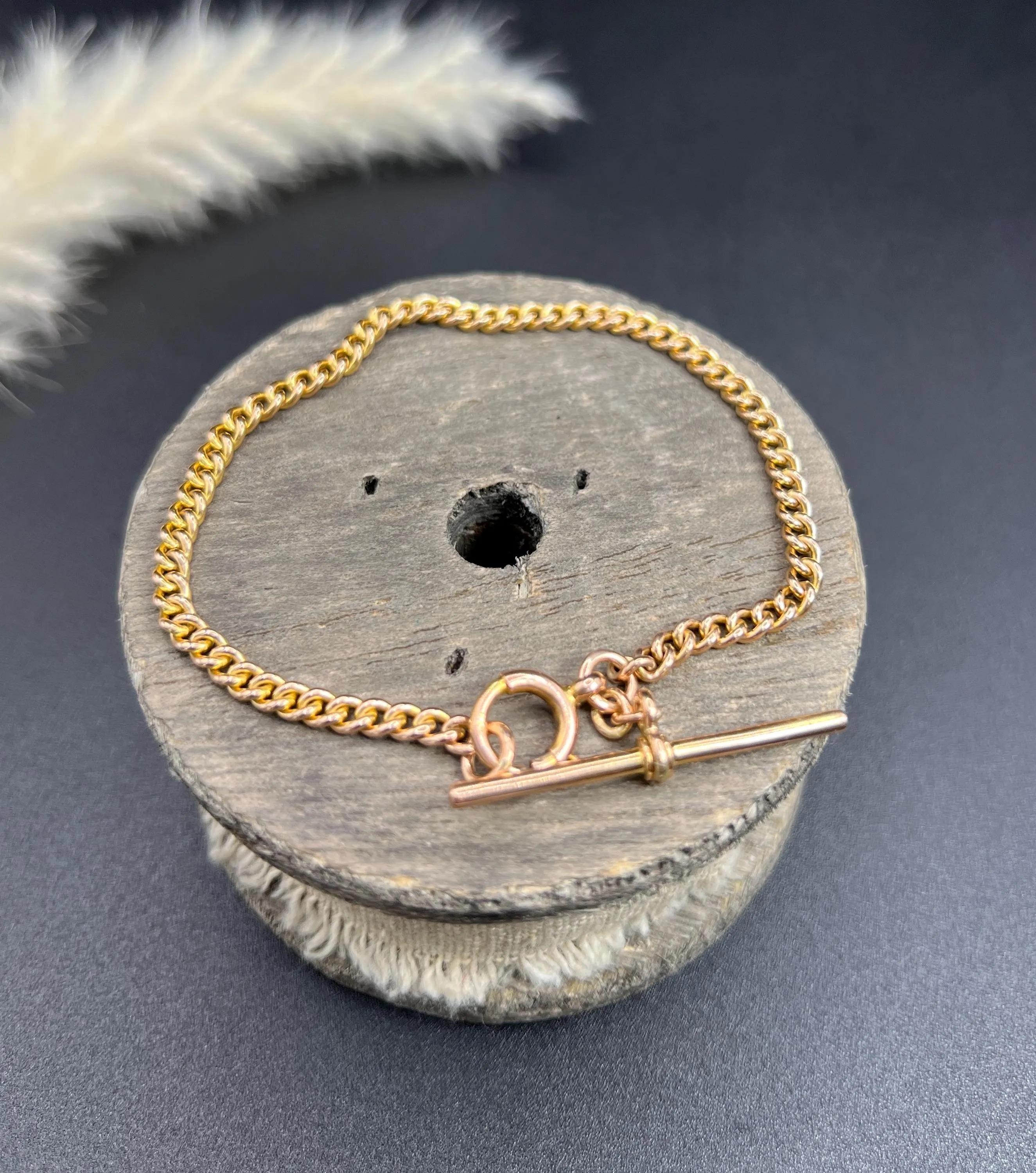 Oro rosa de 9 ct, pulsera Curb Albert con barra en T y eslabón giratorio, Hallmarked Londres 1934 en venta 1