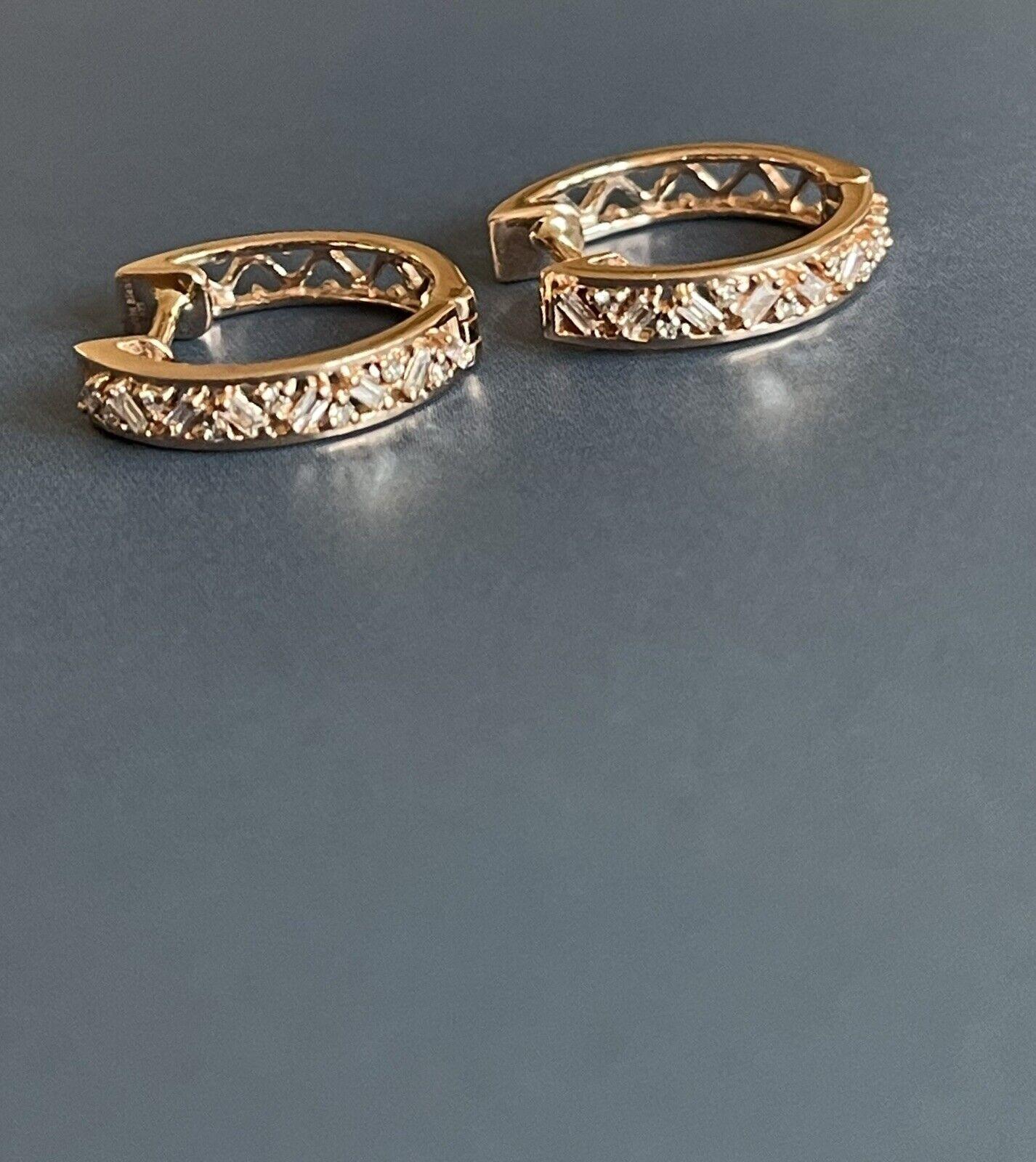 Women's 9ct Rose Gold Diamond Earrings 0.30ct Hoops Baguette & Round Intricate Huggies For Sale