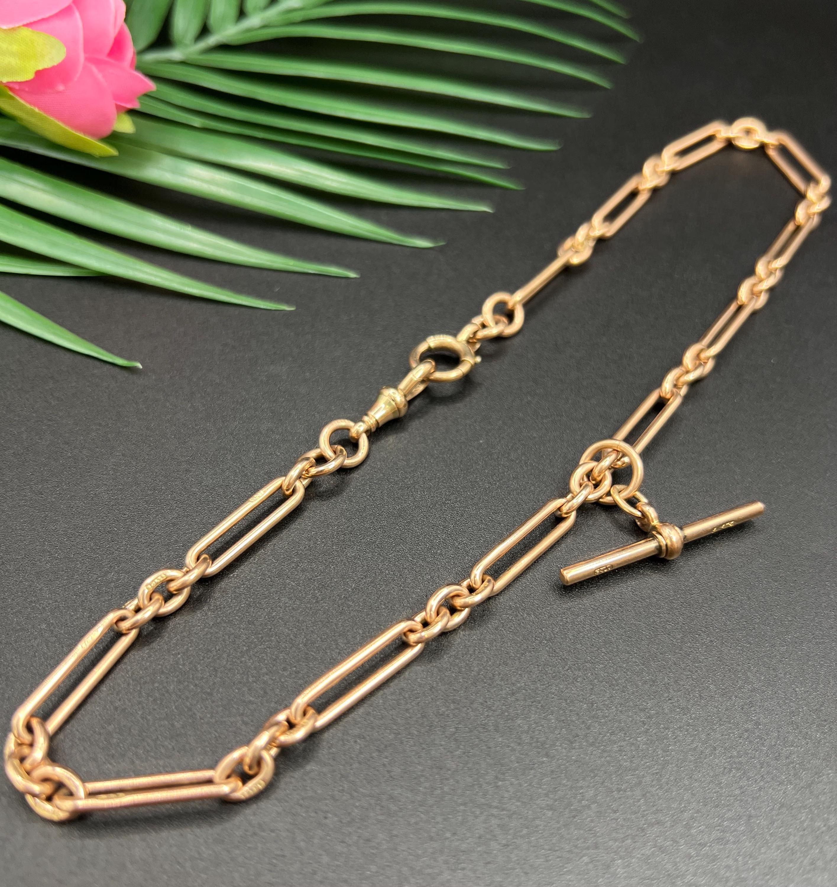 Chaine de montre Albert en or rose 9ct, Edwardian 17 1/4 Inch Trombone/Fetter Link, Albert Watch Chain en vente 5