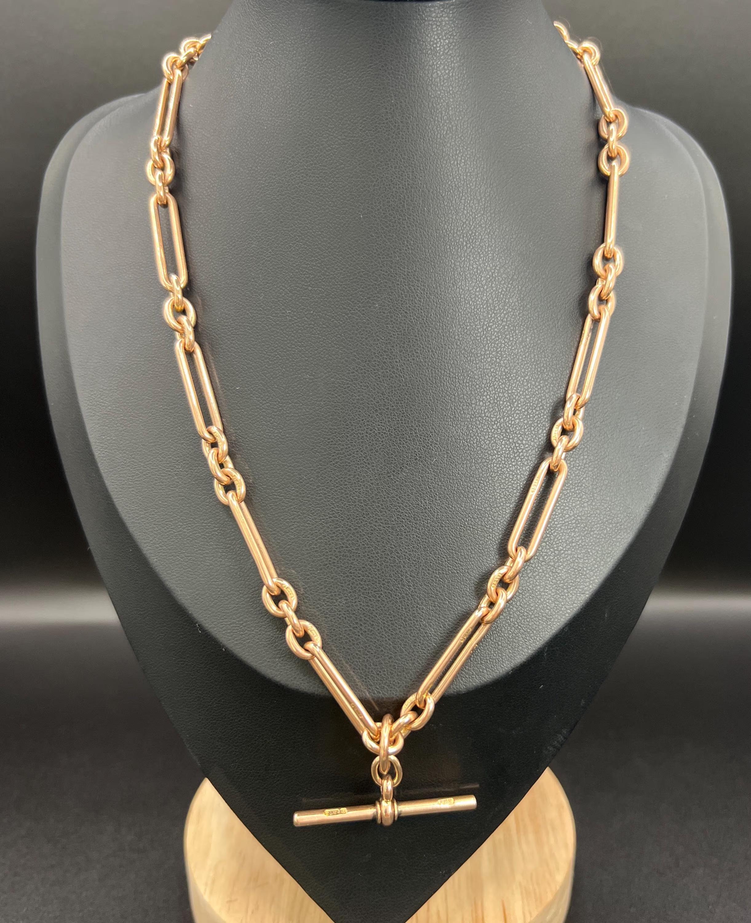 Édouardien Chaine de montre Albert en or rose 9ct, Edwardian 17 1/4 Inch Trombone/Fetter Link, Albert Watch Chain en vente