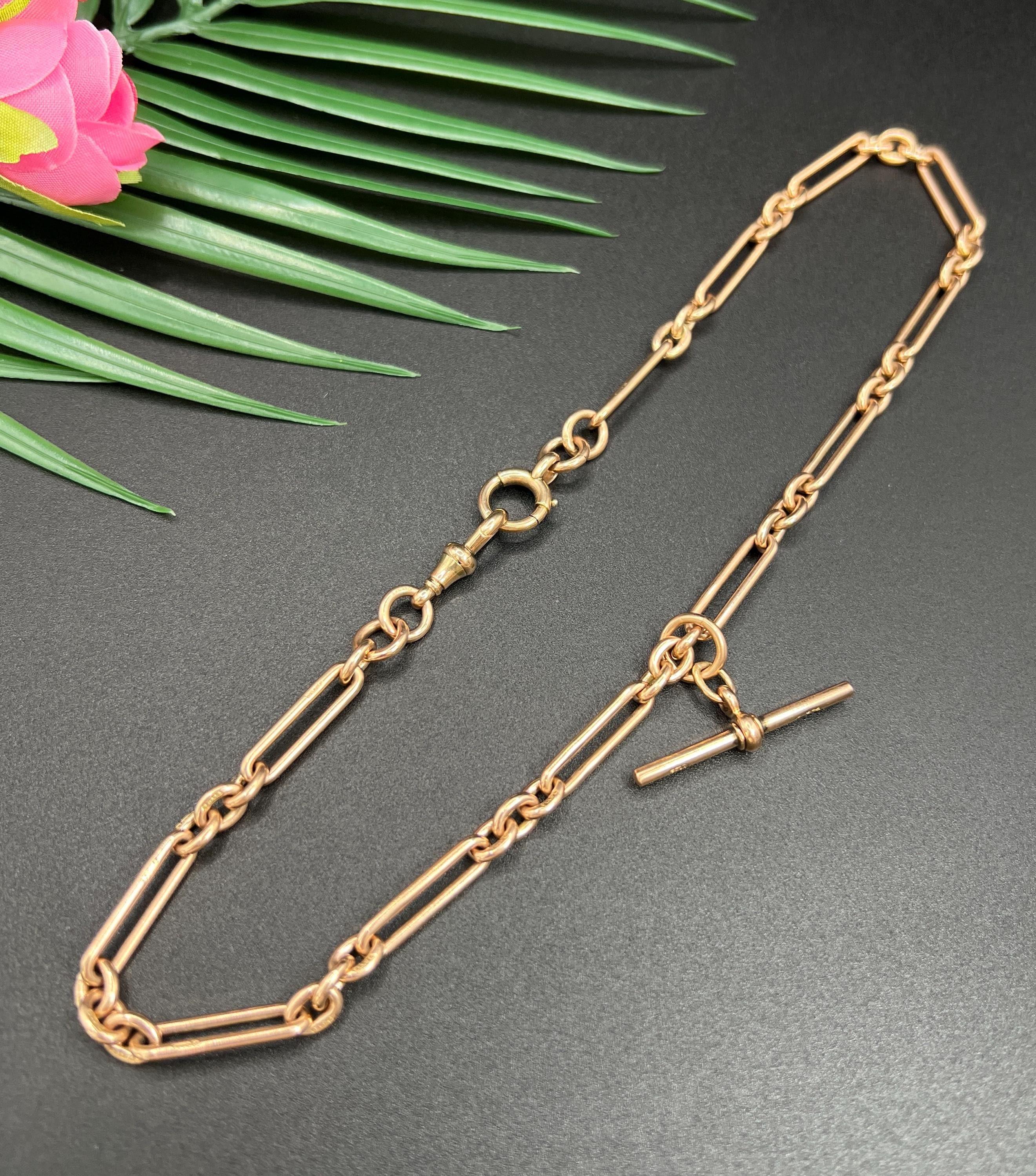Chaine de montre Albert en or rose 9ct, Edwardian 17 1/4 Inch Trombone/Fetter Link, Albert Watch Chain Bon état - En vente à Brighton, GB