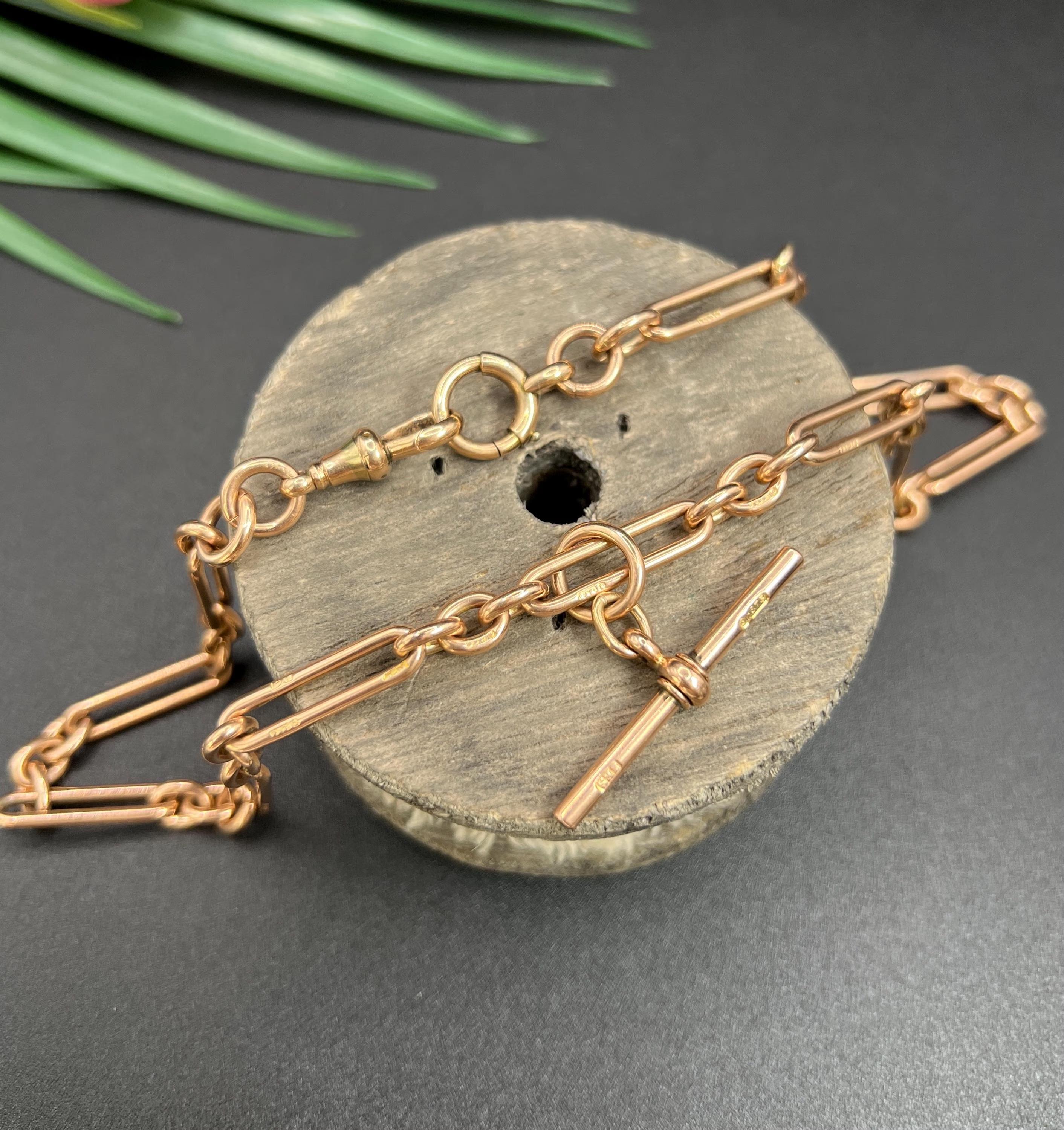 Chaine de montre Albert en or rose 9ct, Edwardian 17 1/4 Inch Trombone/Fetter Link, Albert Watch Chain Unisexe en vente