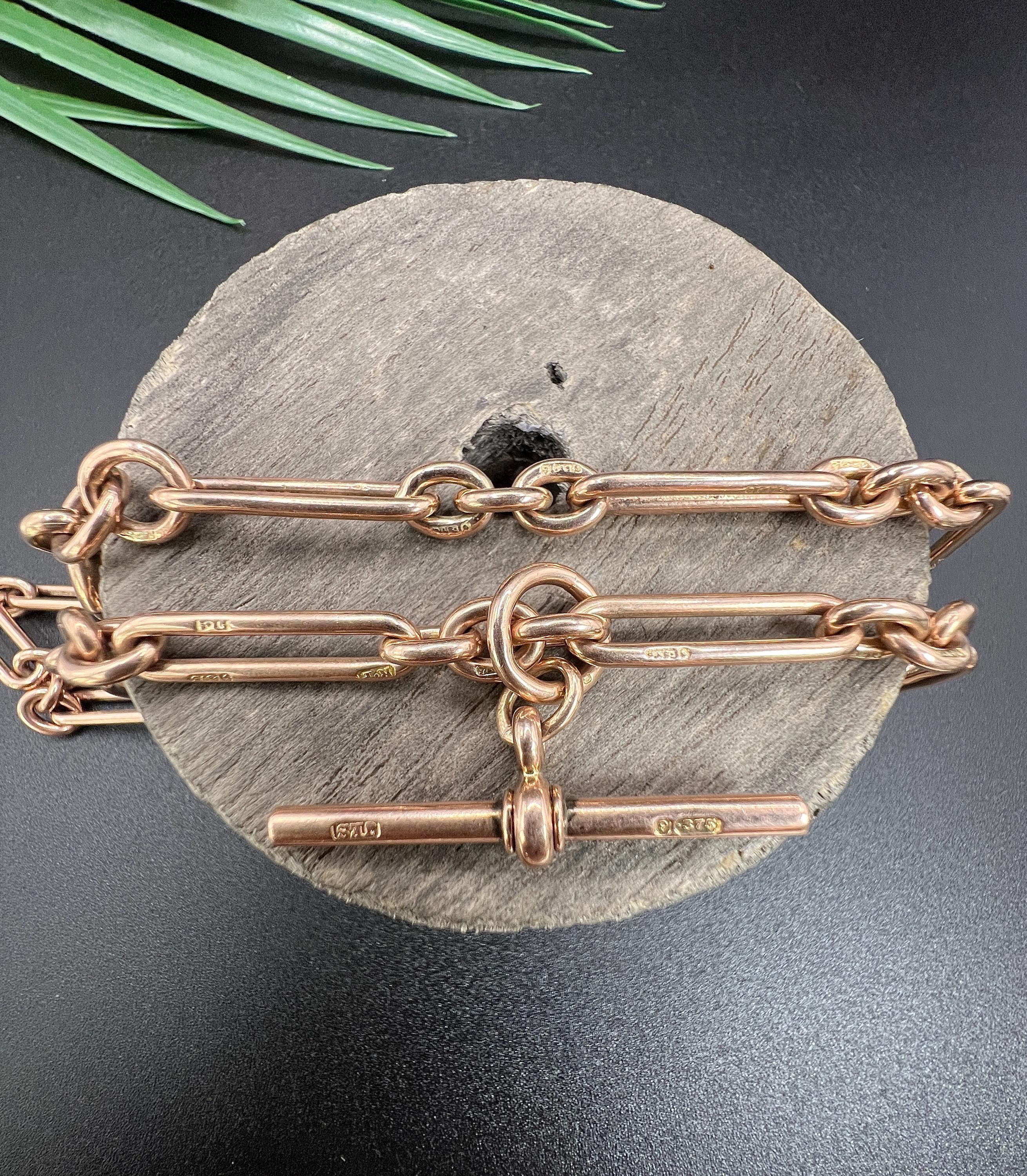 Chaine de montre Albert en or rose 9ct, Edwardian 17 1/4 Inch Trombone/Fetter Link, Albert Watch Chain en vente 1