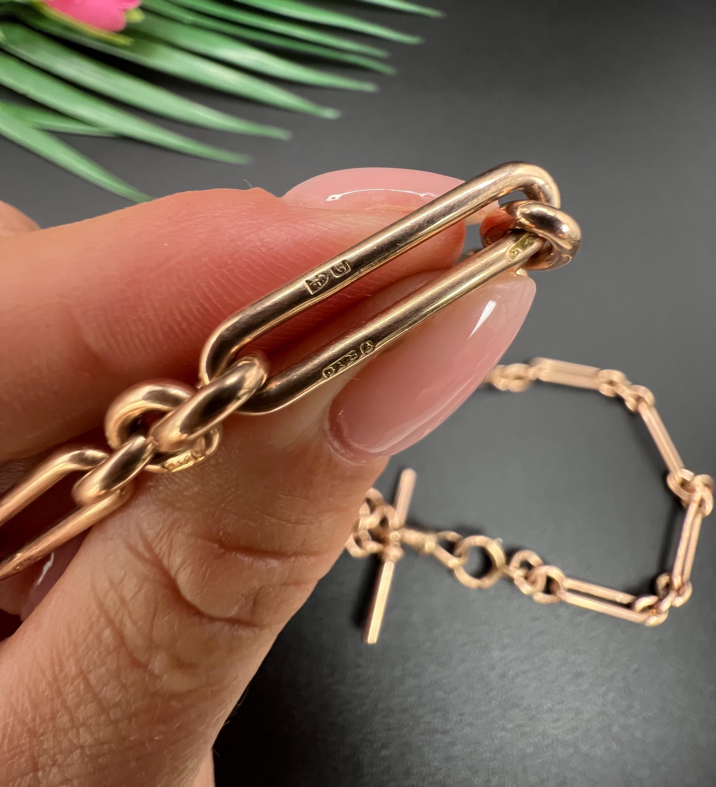 Chaine de montre Albert en or rose 9ct, Edwardian 17 1/4 Inch Trombone/Fetter Link, Albert Watch Chain en vente 2