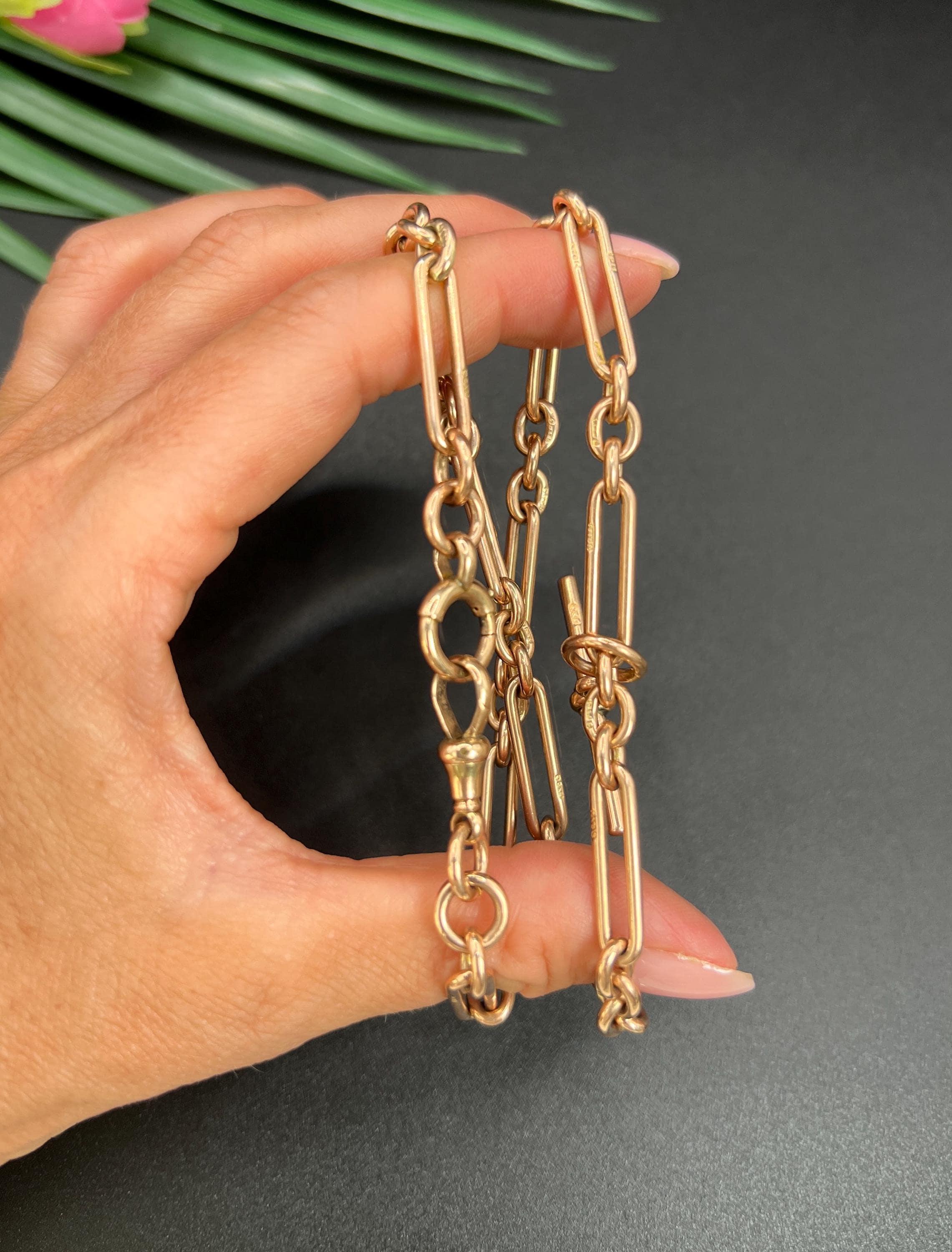 Chaine de montre Albert en or rose 9ct, Edwardian 17 1/4 Inch Trombone/Fetter Link, Albert Watch Chain en vente 3
