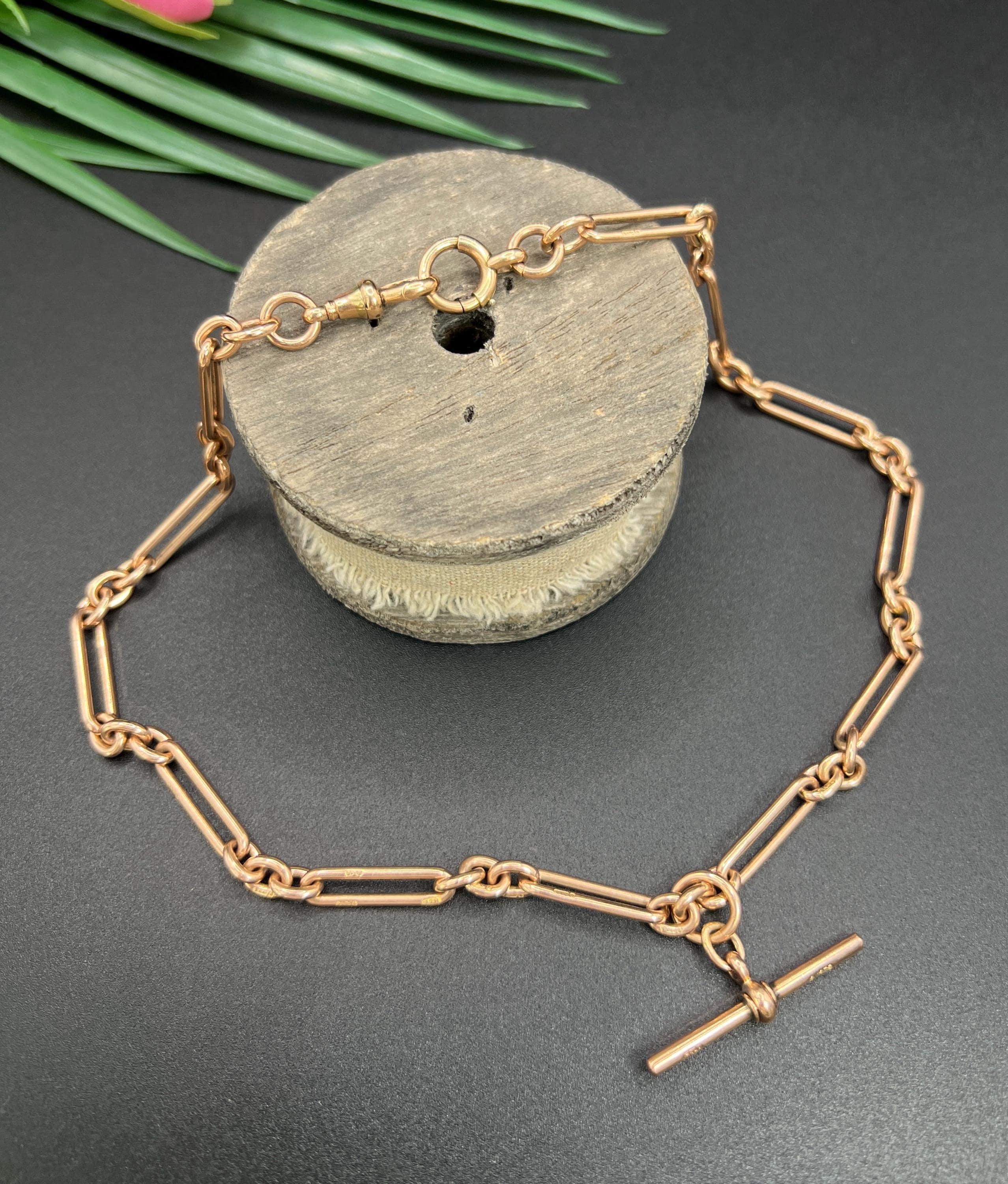 Chaine de montre Albert en or rose 9ct, Edwardian 17 1/4 Inch Trombone/Fetter Link, Albert Watch Chain en vente 4