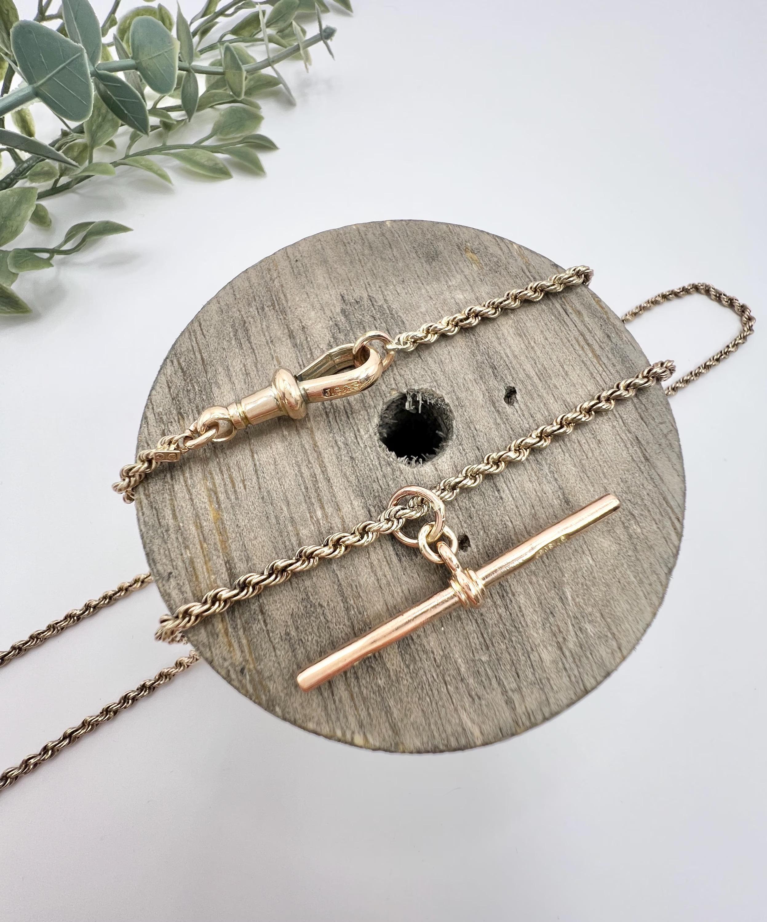 9ct Rose Gold, Edwardian 22 Inch Solid Rope Link Chain with Swivel Clasp & T Bar For Sale 6