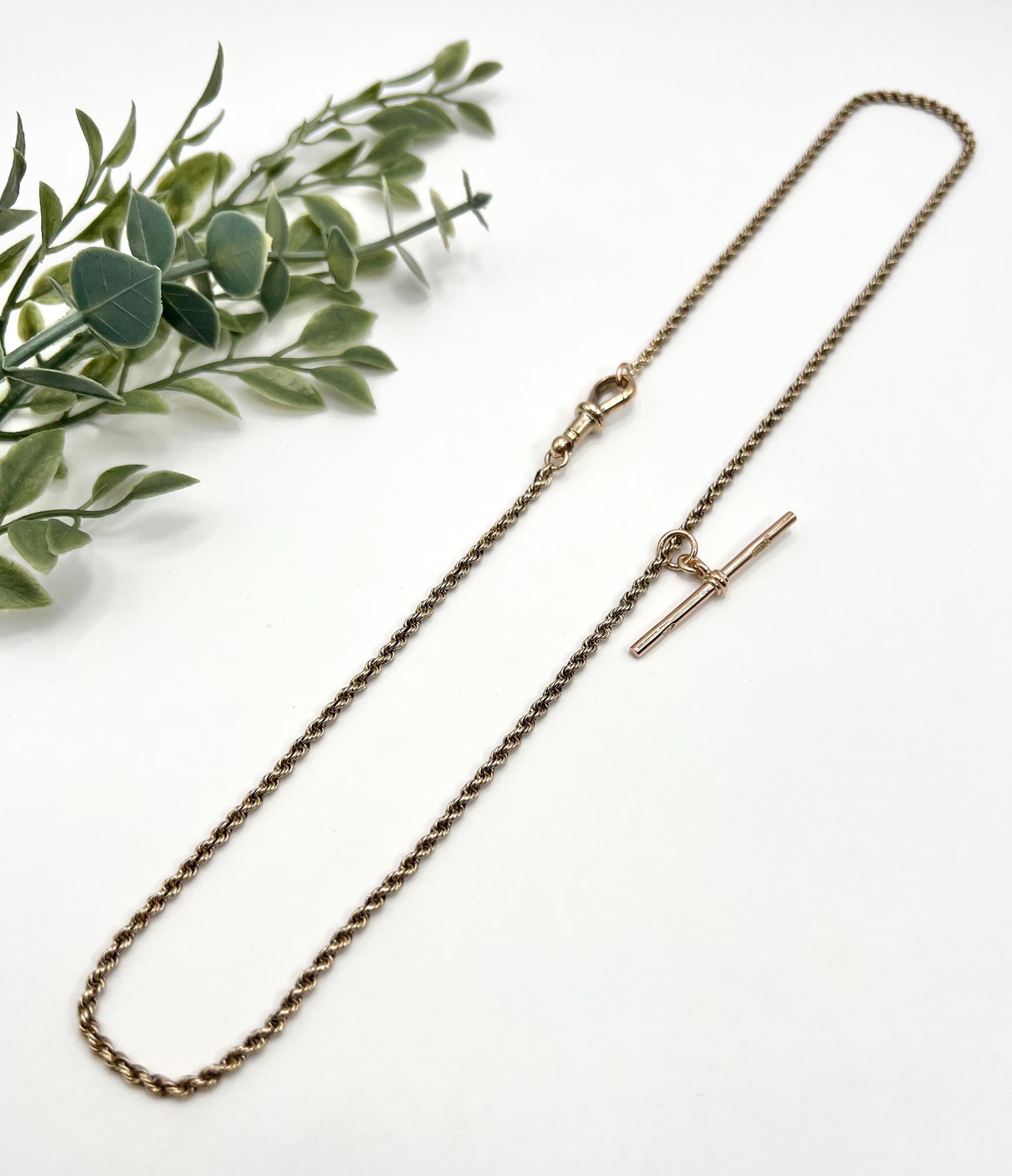9ct Rose Gold, Edwardian 22 Inch Solid Rope Link Chain with Swivel Clasp & T Bar For Sale 7