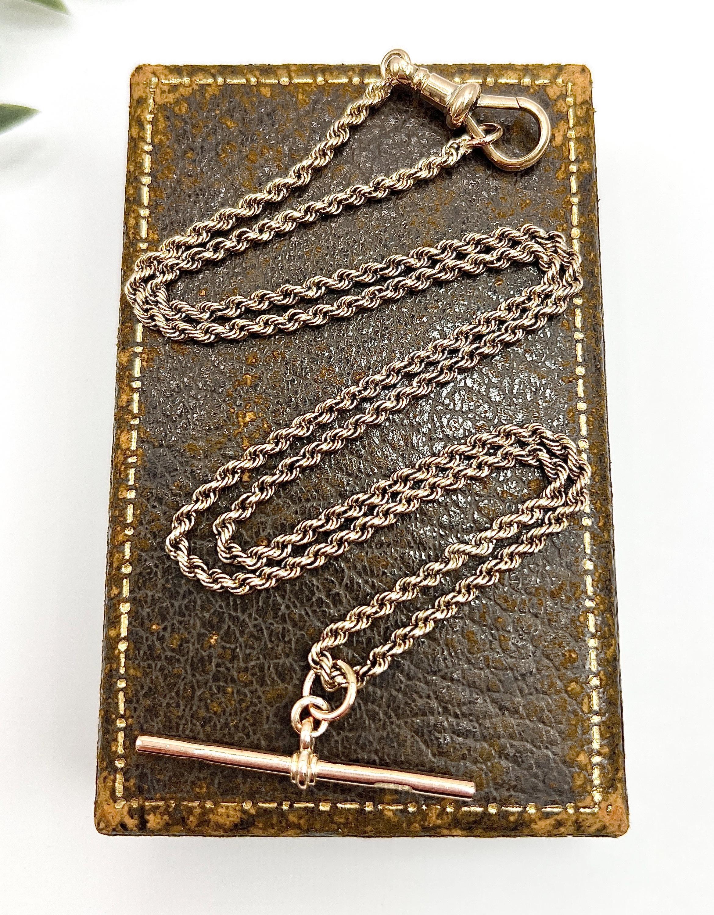 Women's or Men's 9ct Rose Gold, Edwardian 22 Inch Solid Rope Link Chain with Swivel Clasp & T Bar For Sale