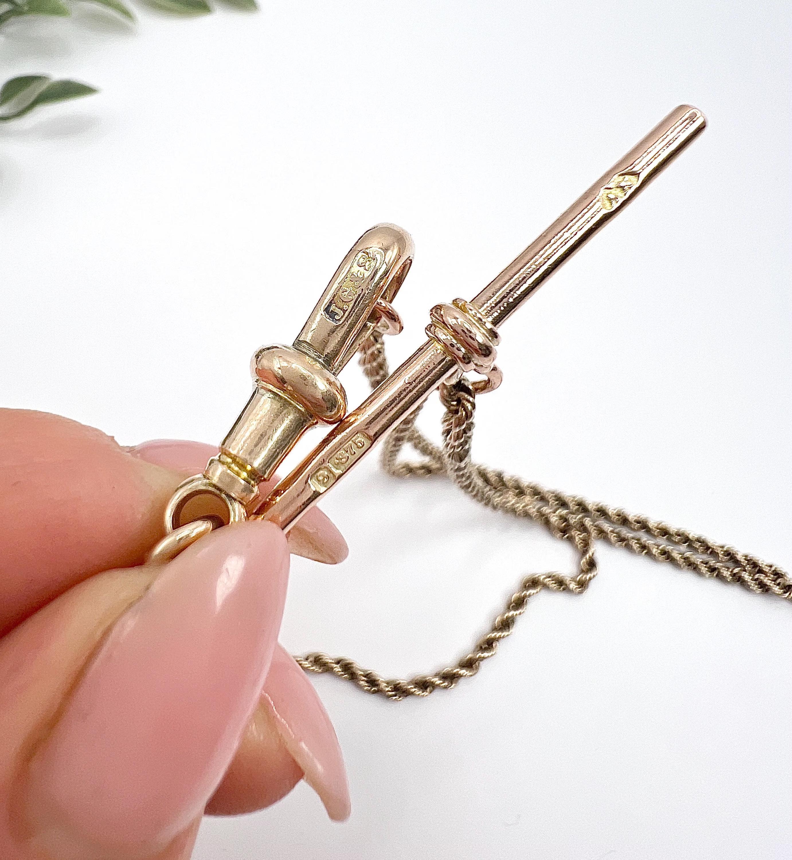 9ct Rose Gold, Edwardian 22 Inch Solid Rope Link Chain with Swivel Clasp & T Bar For Sale 1