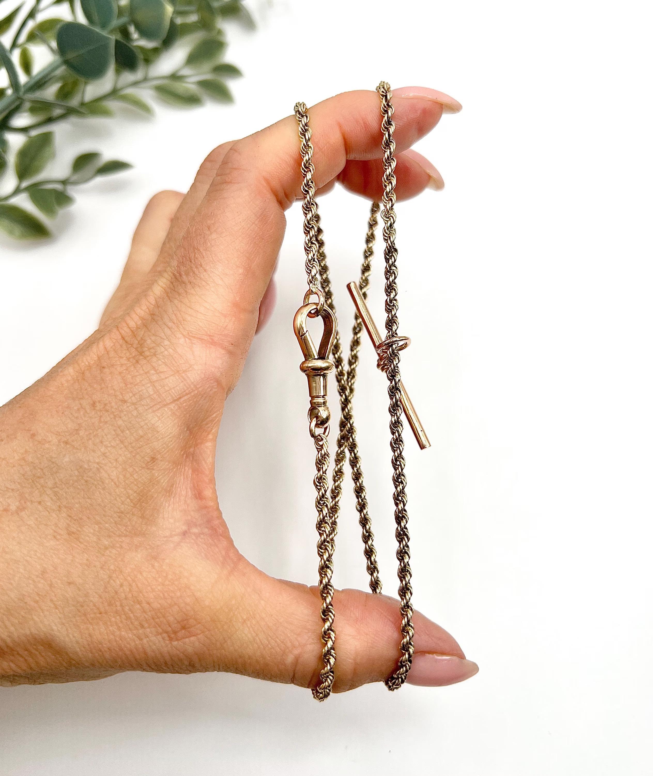 9ct Rose Gold, Edwardian 22 Inch Solid Rope Link Chain with Swivel Clasp & T Bar For Sale 2