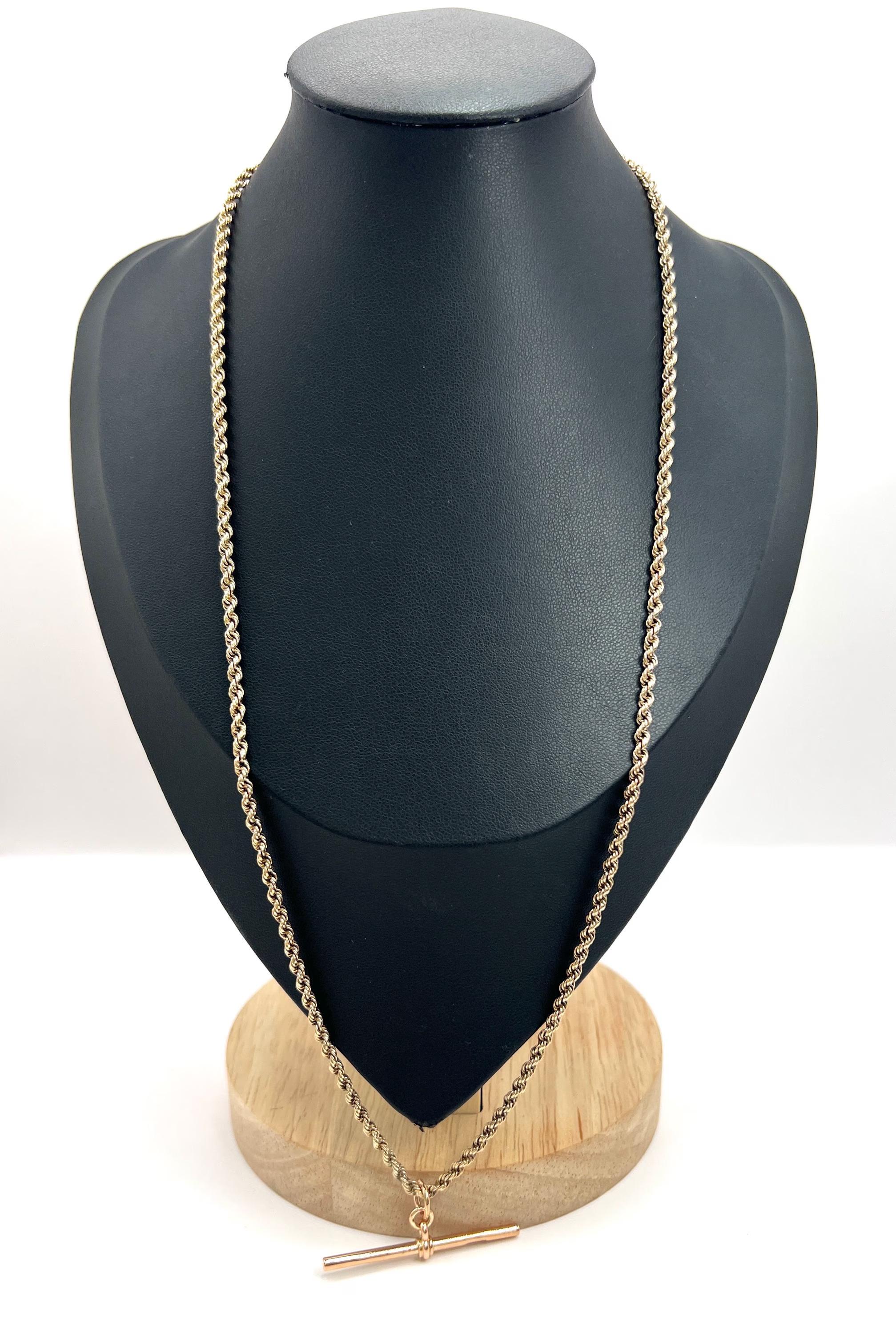 9ct Rose Gold, Edwardian 22 Inch Solid Rope Link Chain with Swivel Clasp & T Bar For Sale 3