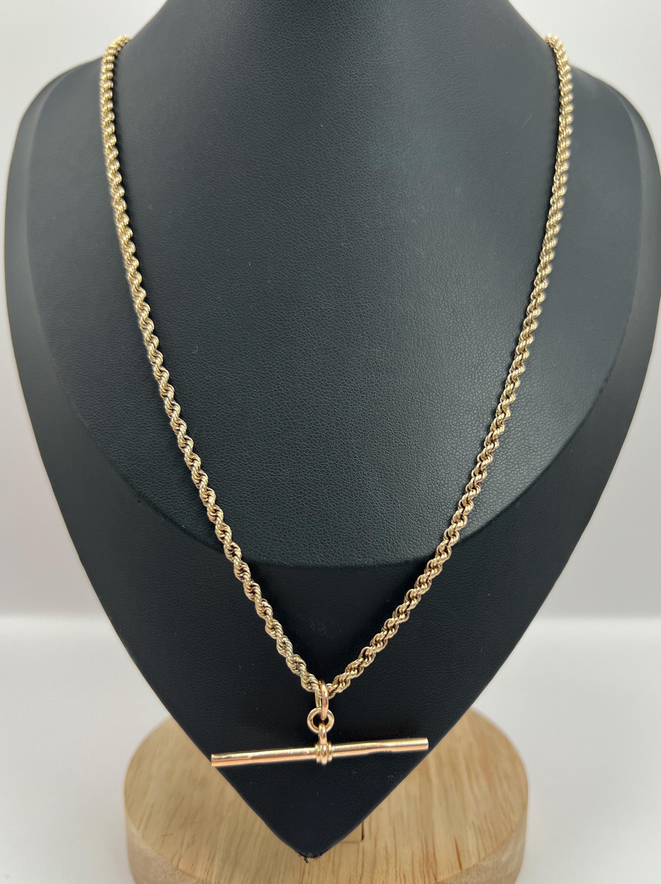 9ct Rose Gold, Edwardian 22 Inch Solid Rope Link Chain with Swivel Clasp & T Bar For Sale 4