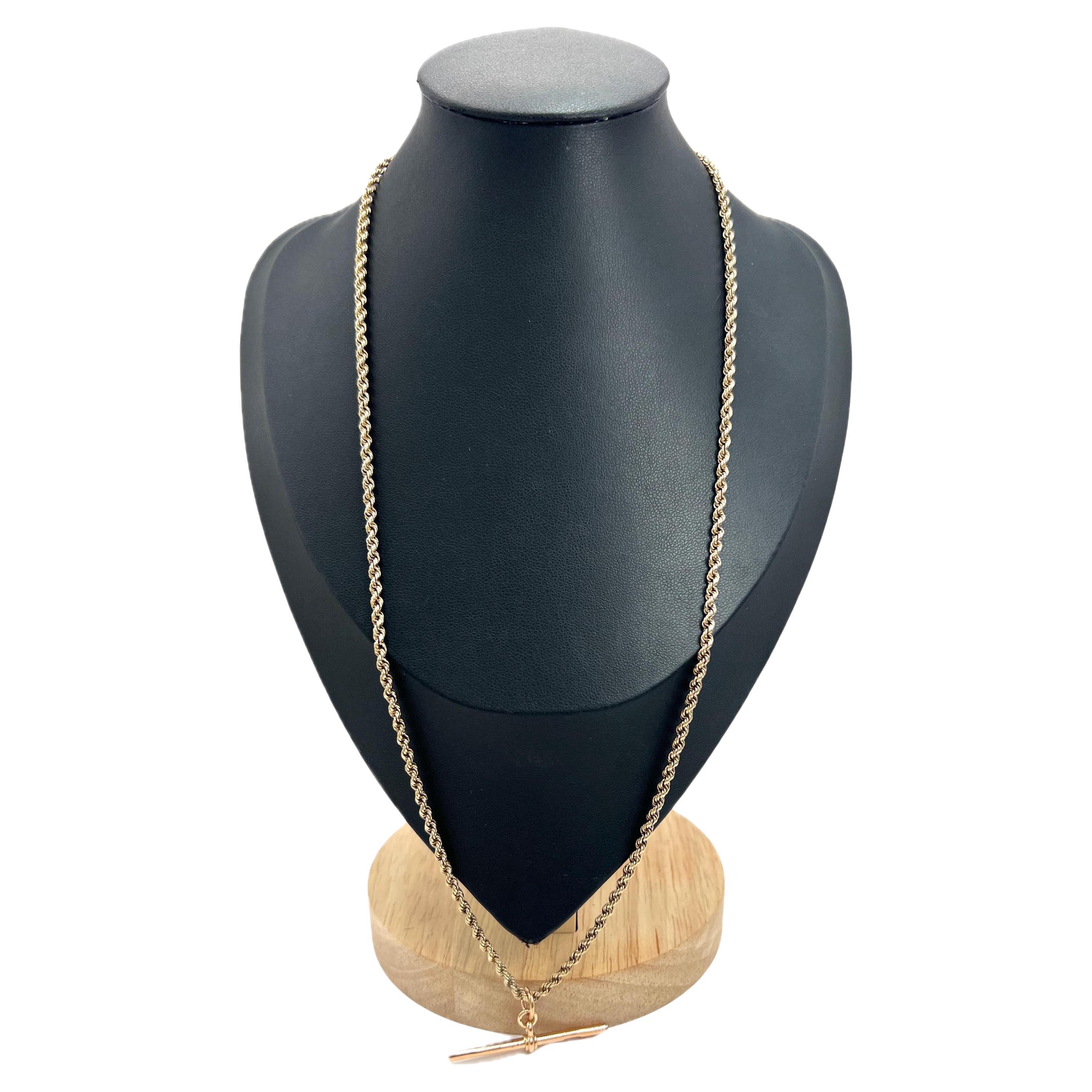 9ct Rose Gold, Edwardian 22 Inch Solid Rope Link Chain with Swivel Clasp & T Bar For Sale