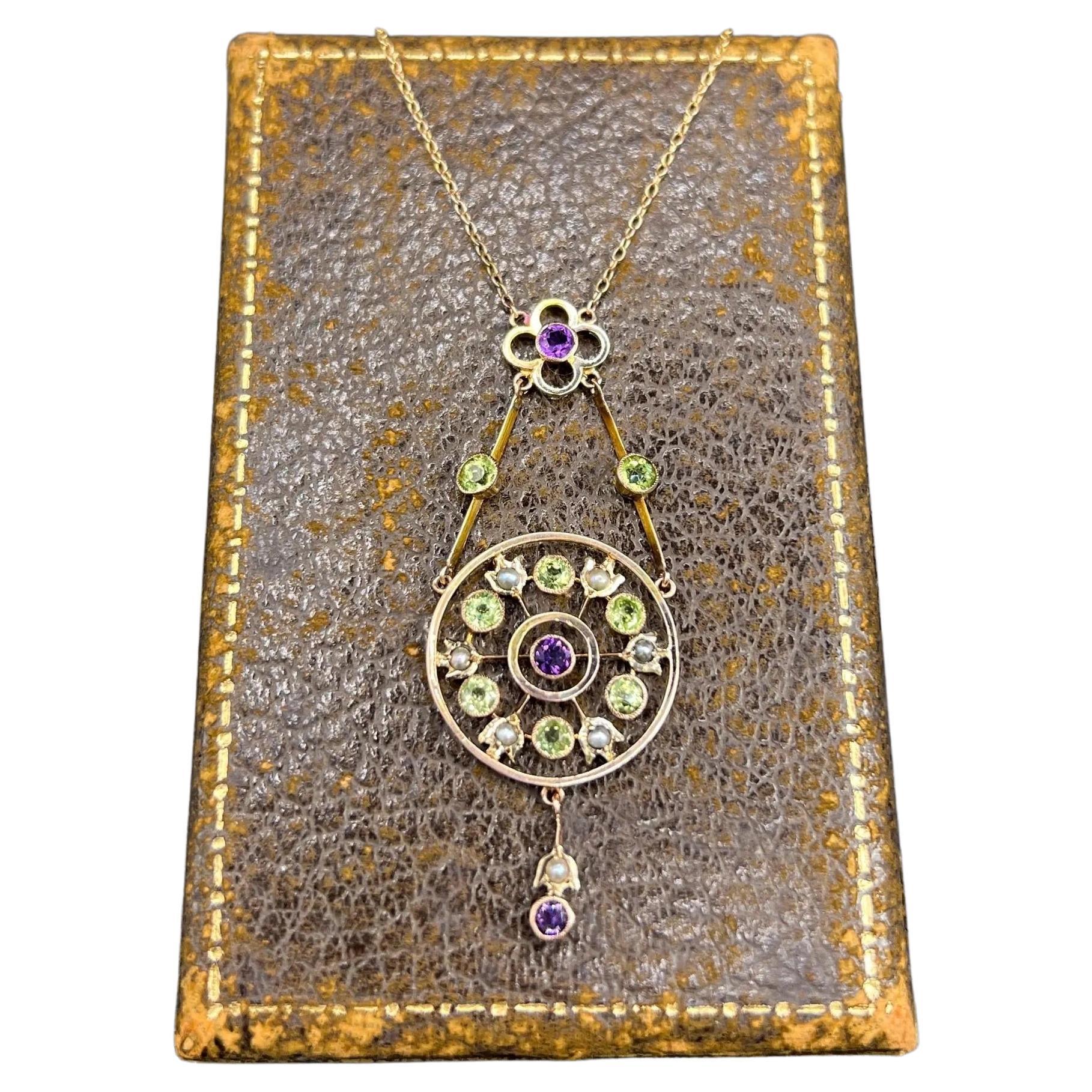 9ct Rose Gold, Edwardian Amethyst, Peridot & Seed Pearl, Suffragette Pendent