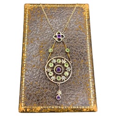9ct Rose Gold, Edwardian Amethyst, Peridot & Seed Pearl, Suffragette Pendent
