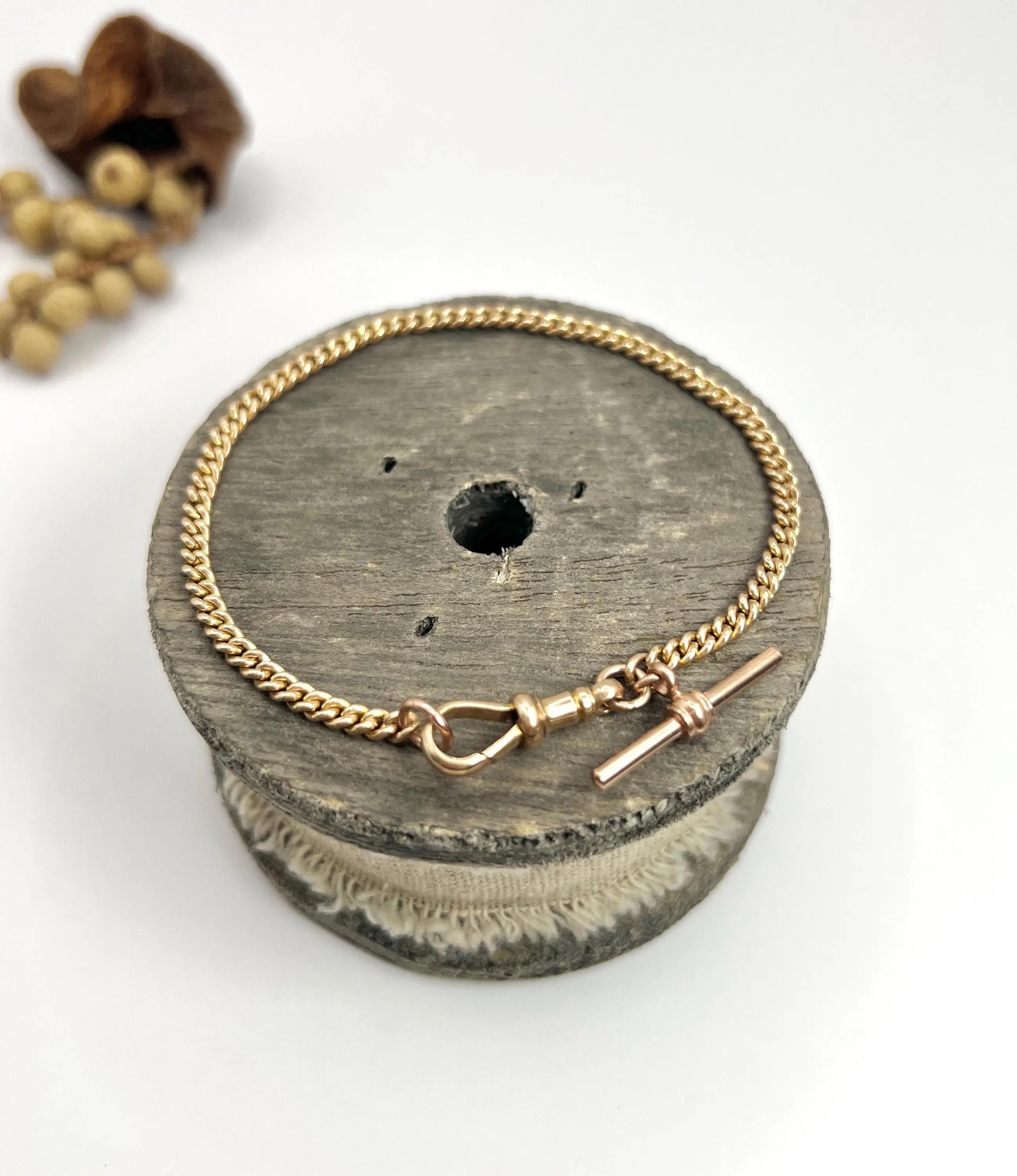9ct Rose Gold, Edwardian Curb Link Albert Bracelet, T-bar With Swivel Clip 1