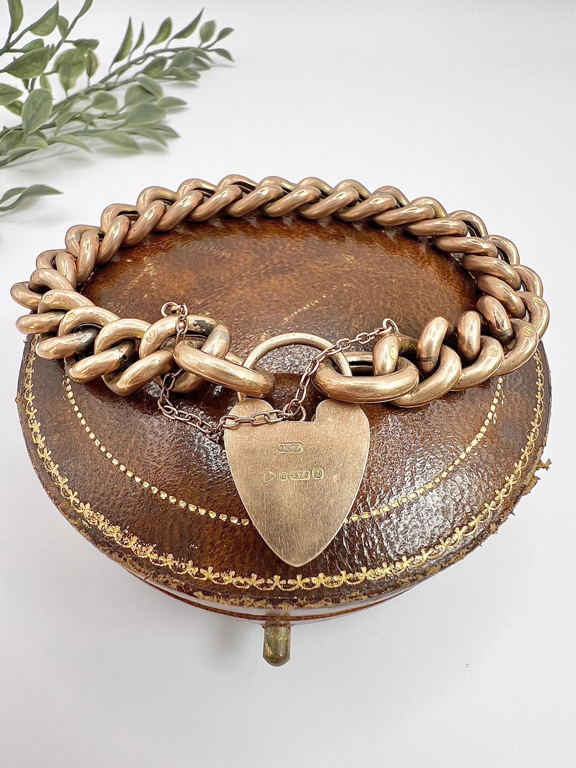 Women's or Men's 9ct Rose Gold Edwardian Curb Link Heart Padlock Bracelet Hallmarked Chester 1904 For Sale