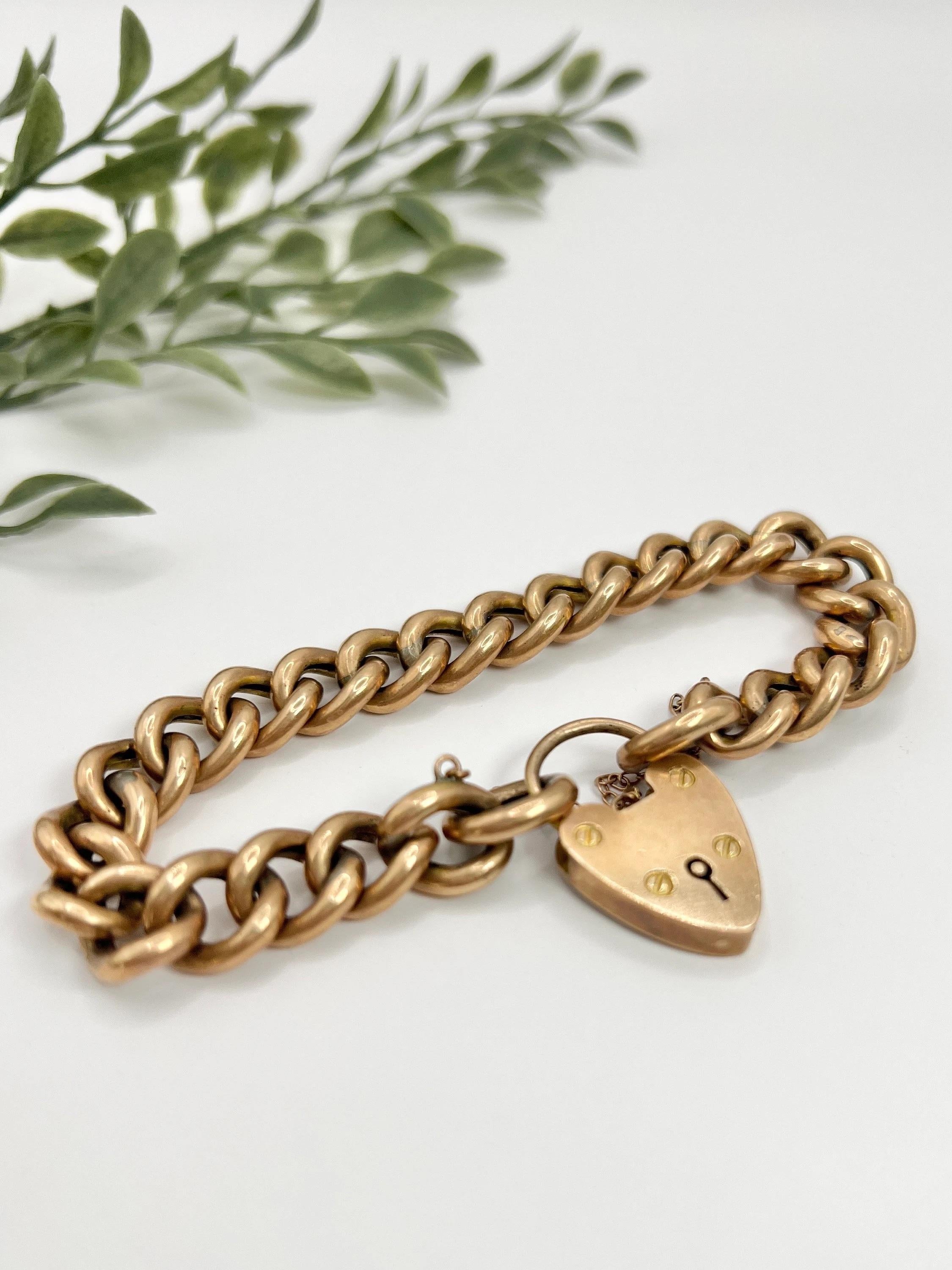 9ct Rose Gold Edwardian Curb Link Heart Padlock Bracelet Hallmarked Chester 1904 For Sale 3