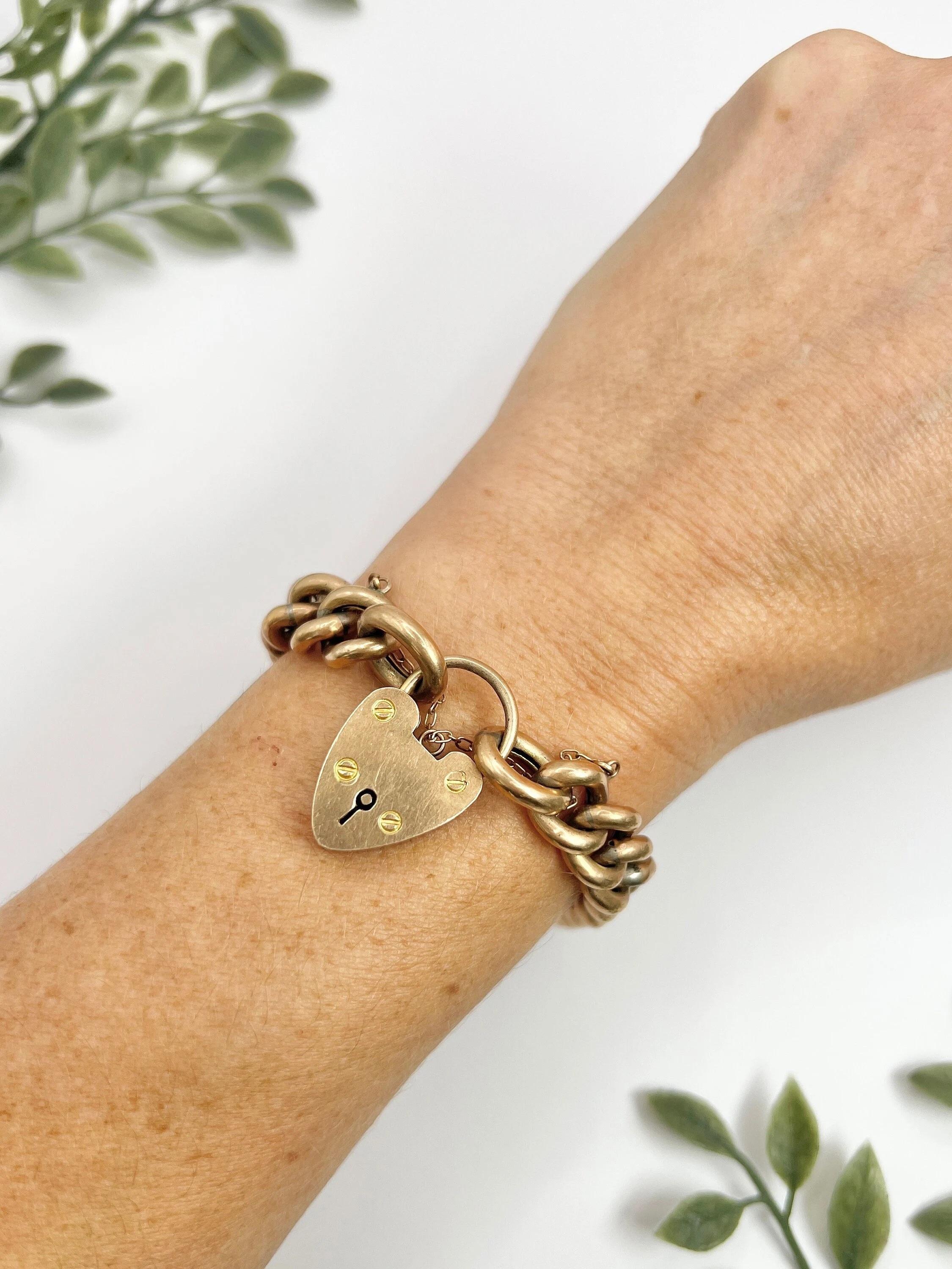 9ct Rose Gold Edwardian Curb Link Heart Padlock Bracelet Hallmarked Chester 1904 For Sale 4