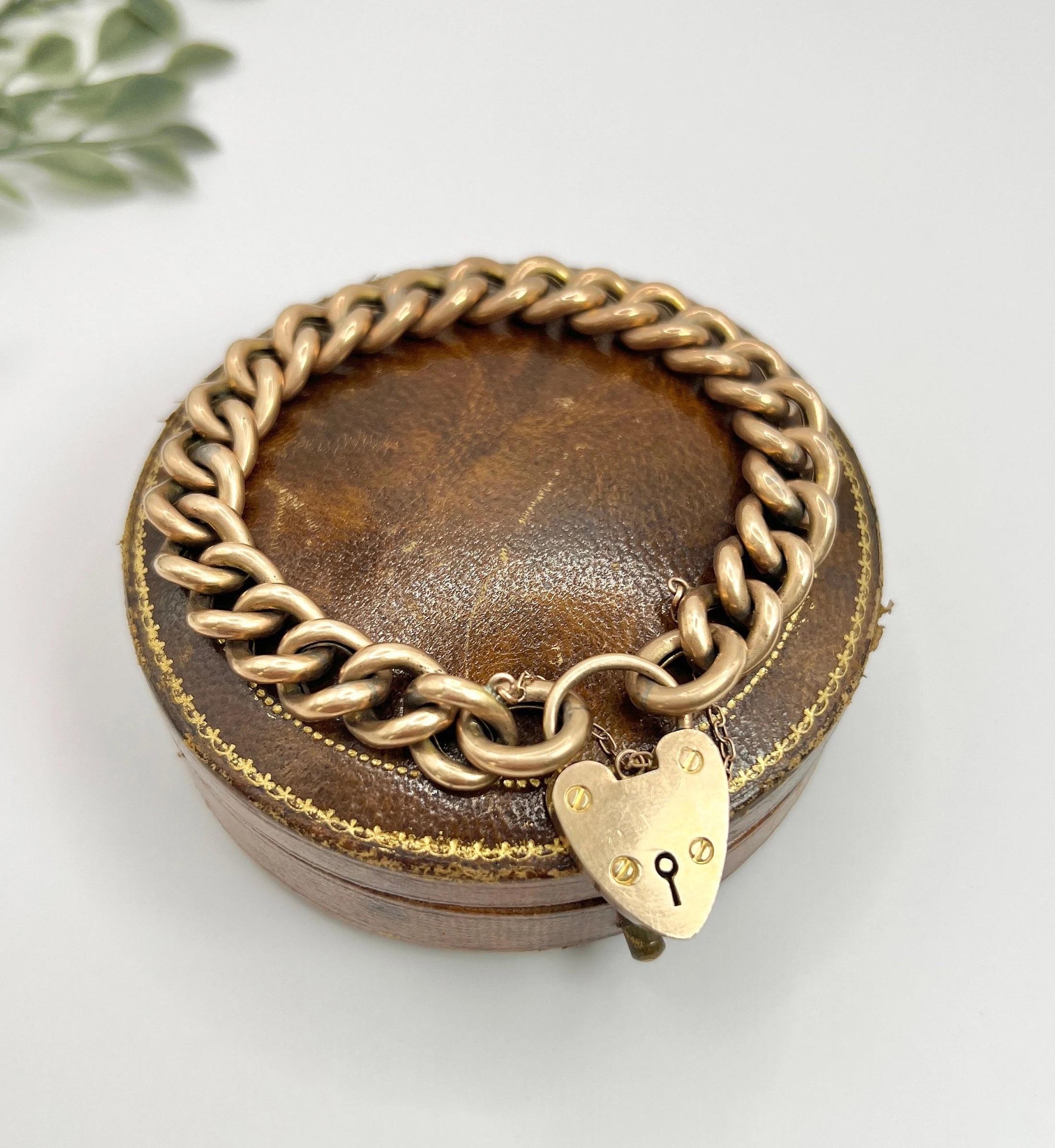 9ct Rose Gold Edwardian Curb Link Heart Padlock Bracelet Hallmarked Chester 1904 For Sale 5