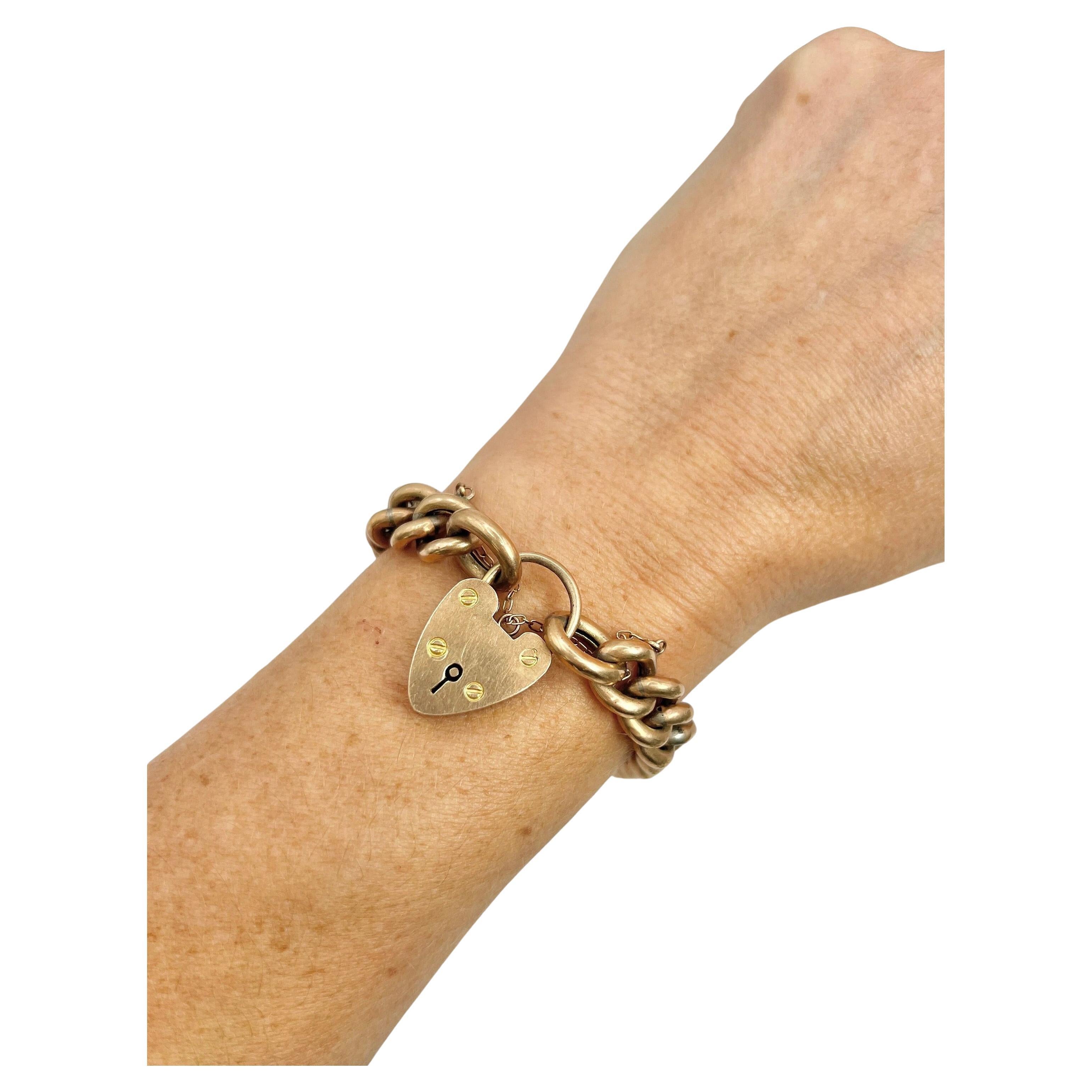 9ct Rose Gold Edwardian Curb Link Heart Padlock Bracelet Hallmarked Chester 1904 For Sale