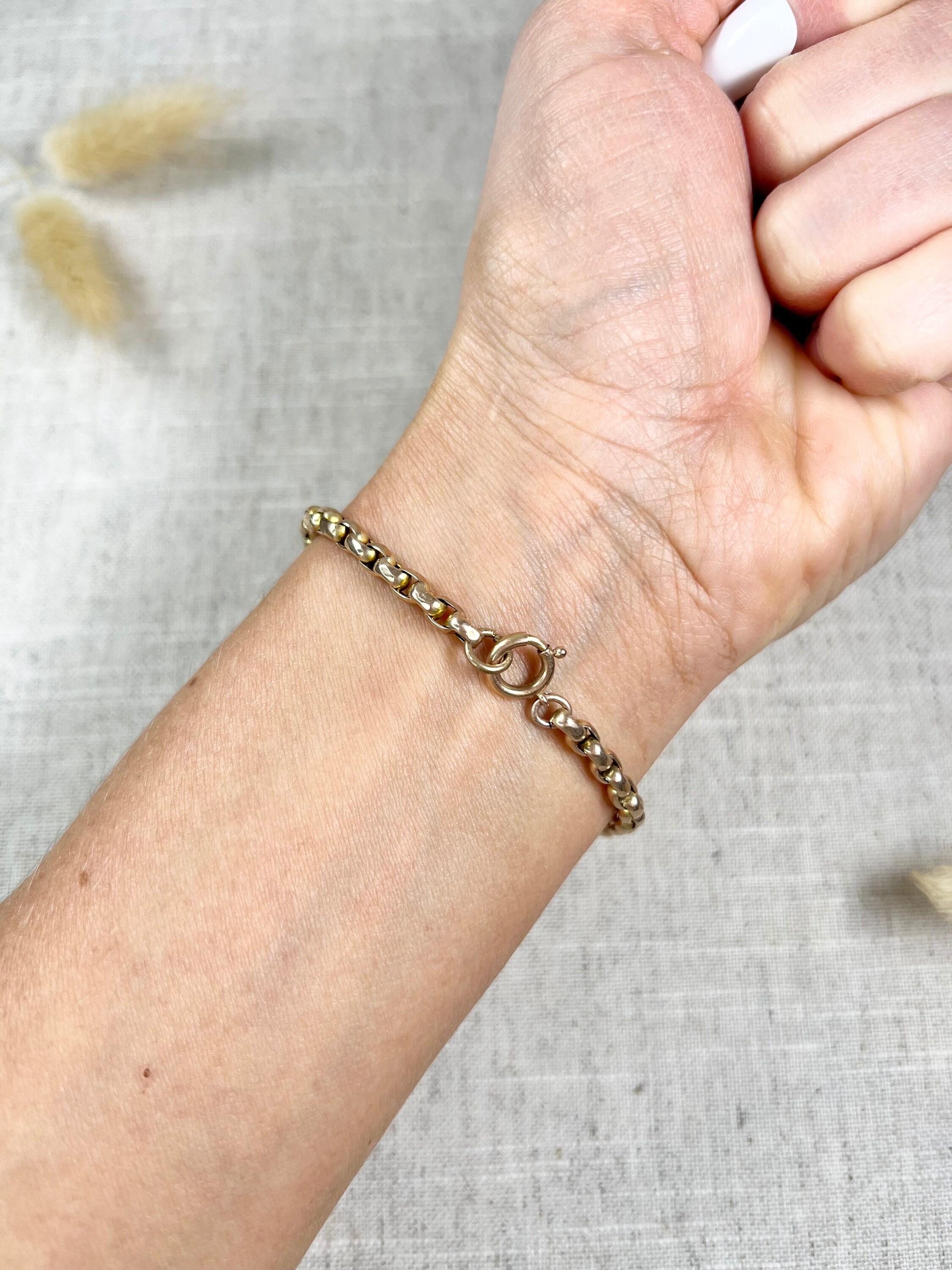 9ct Rose Gold, Edwardian Faceted Oval Belcher Link Bracelet with Bolt Ring Clasp In Good Condition In Brighton, GB