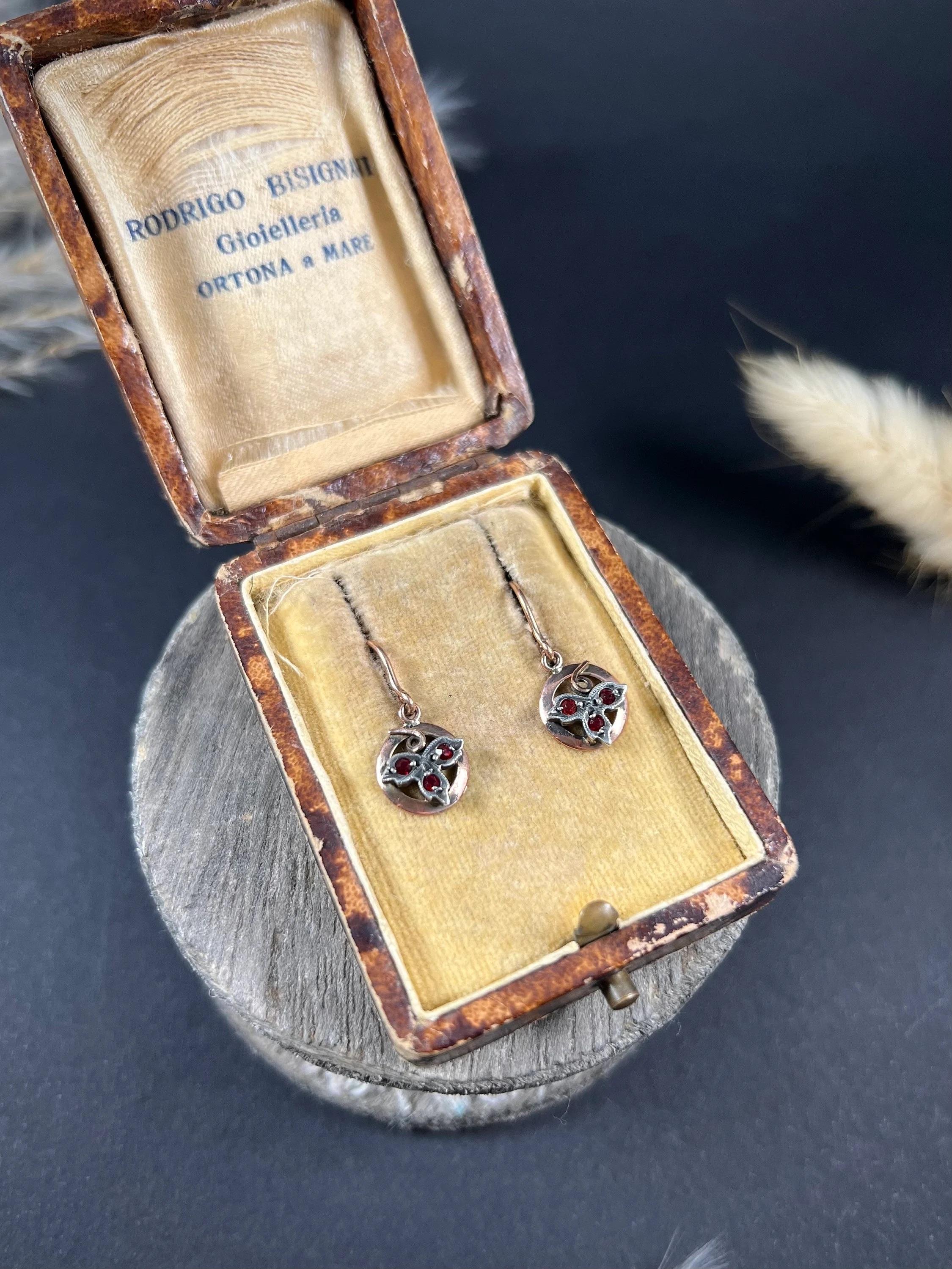 Women's or Men's 9ct Rose Gold Edwardian Garnet 3 Leaf Clover Drop Earrings With Silver Clovers For Sale