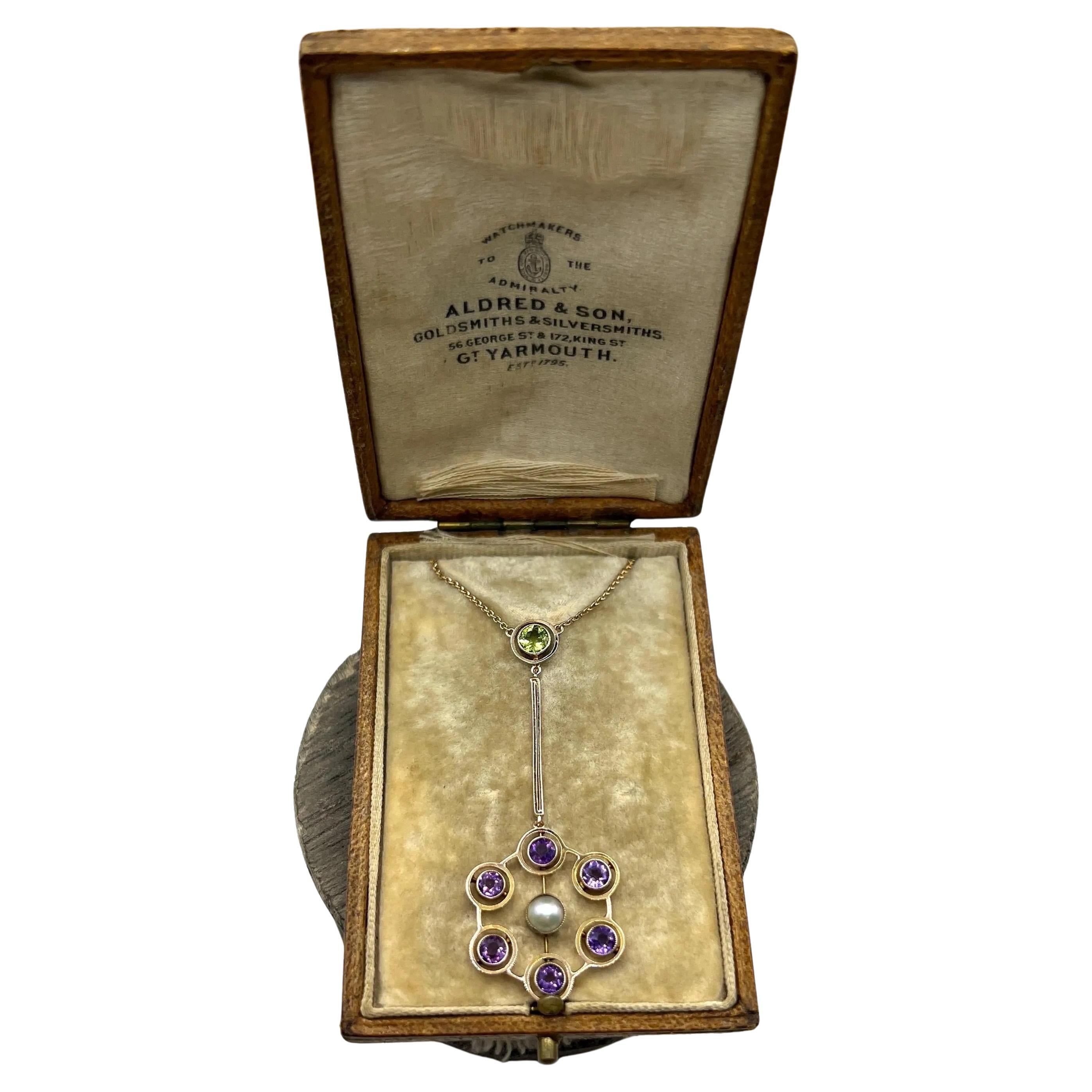 Collana Suffragette in oro rosa 9ct Edwardian con ametista, peridoto e perle di semi