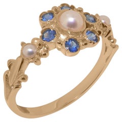 Bague femme en or rose 9ct, perles et saphirs, style vintage, personnalisable