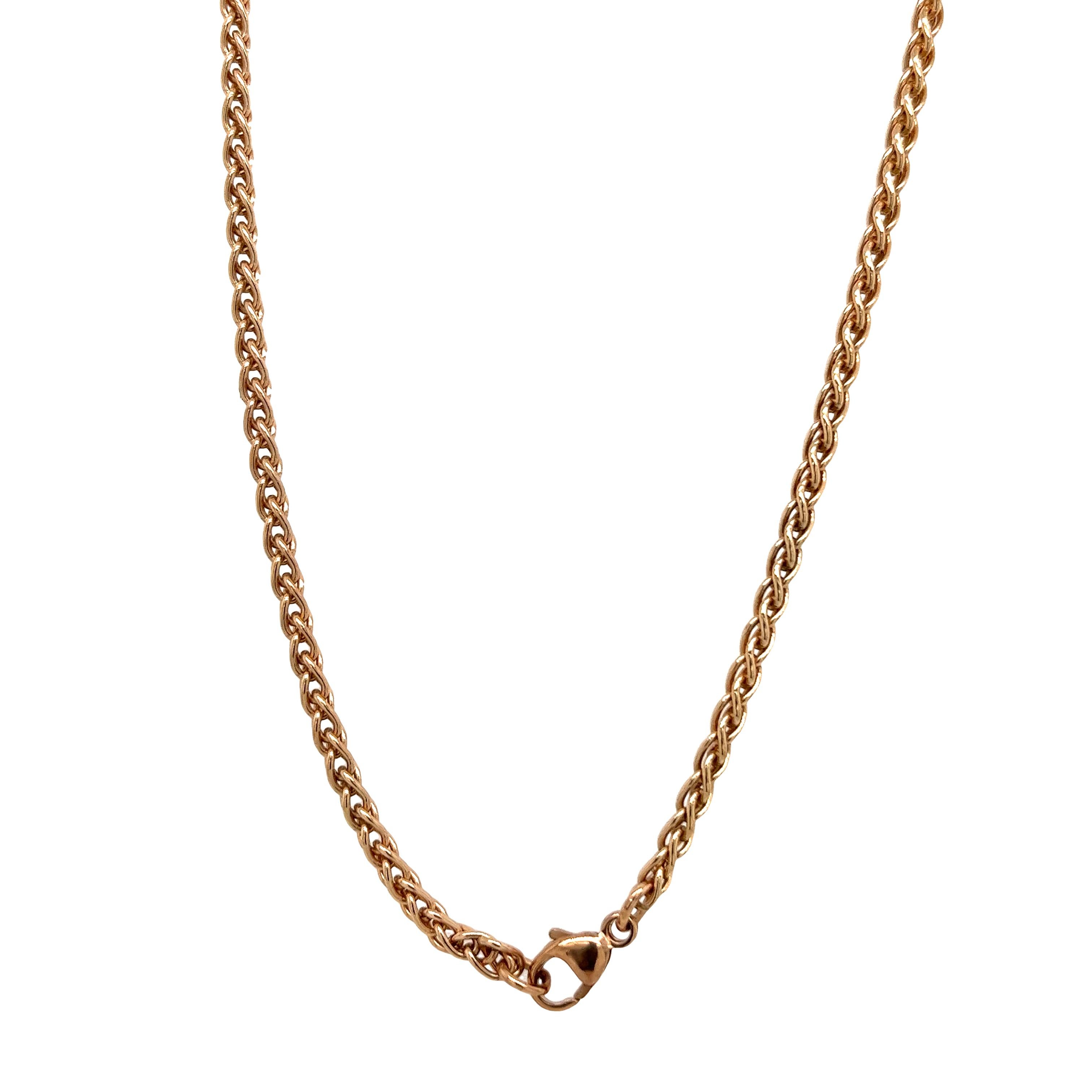 This necklace is a great choice for women or mens
who love unique and elegant jewellery,
9ct rose gold spiga chain necklace.
Length: 24'' 
Total Weight: 11.8g 
Chain Width: 2.50mm
SMS9142