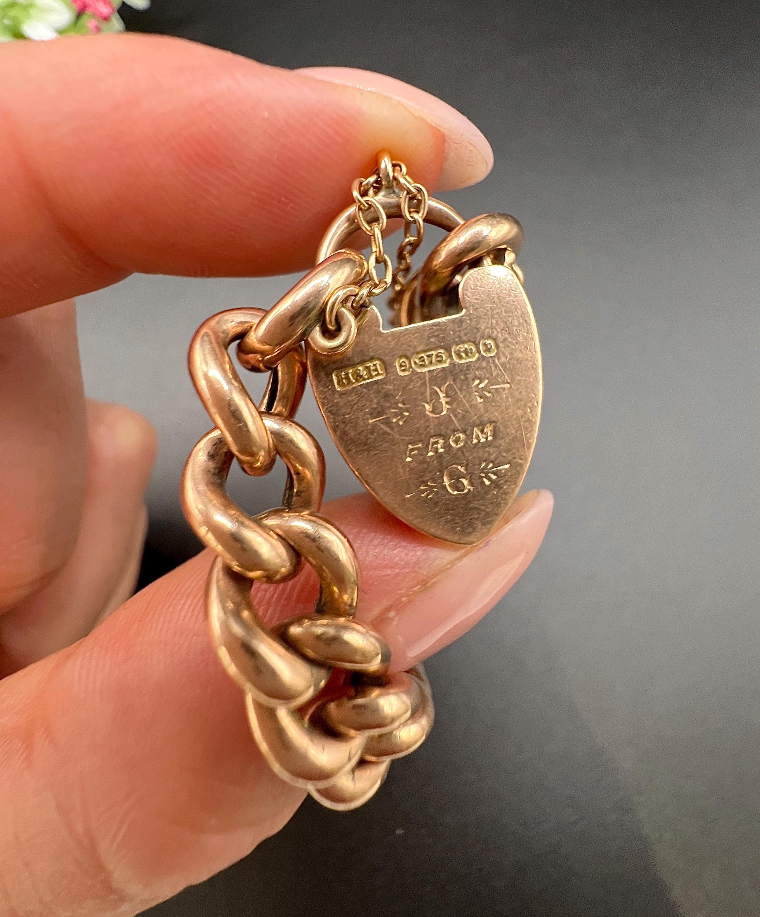 Bracelet en or rose 9ct de style victorien, cadenas en forme de cœur, poinçonné en 1889 en vente 2