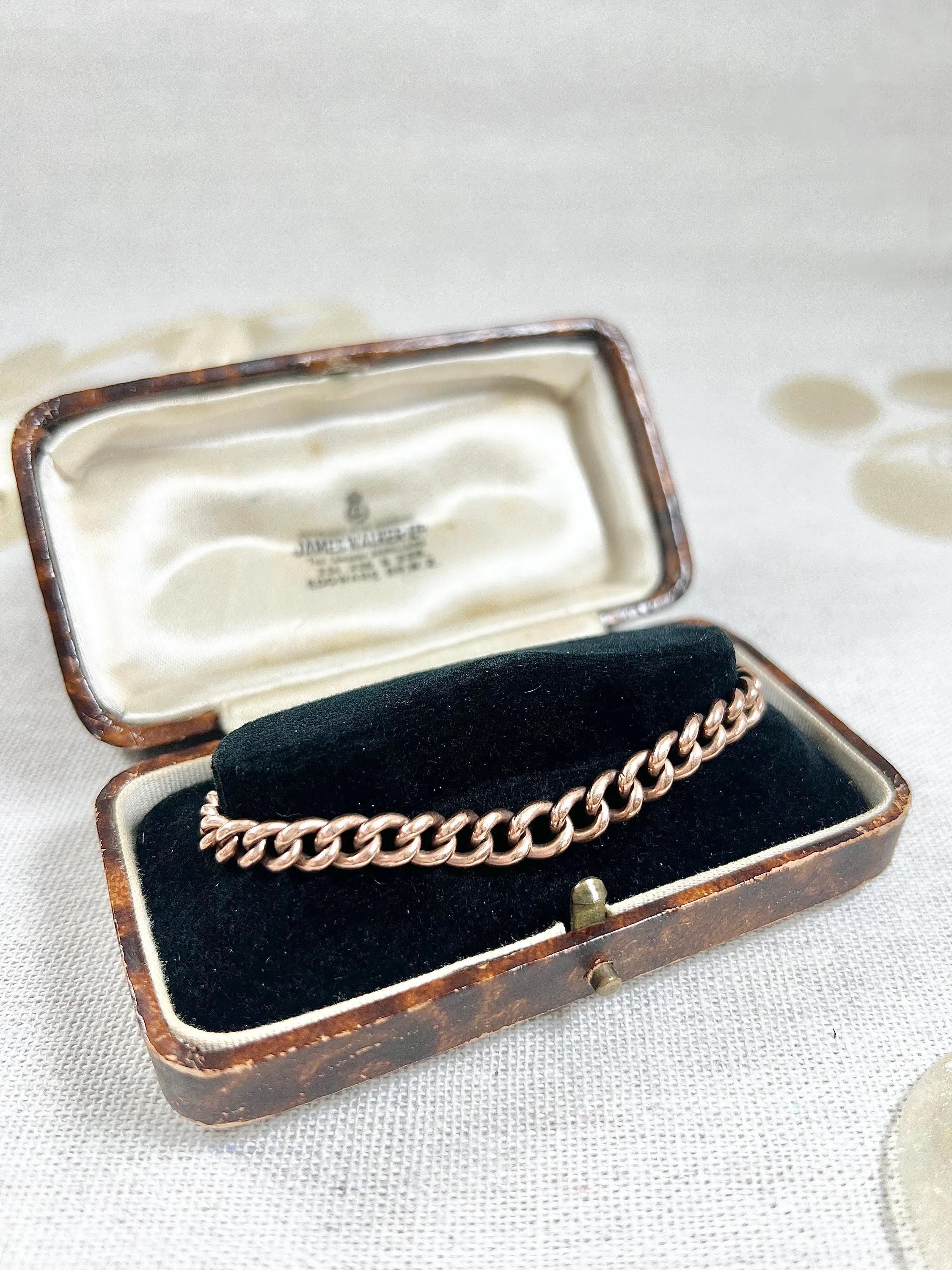 Antique Curb Bracelet 

9ct Rose Gold Stamped 

Hallmarked London 1898

This stunning Victorian graduated curb link bracelet is a true antique beauty. Crafted from 9ct rose gold, each link bears the 375 stamp, indicating the gold purity. The