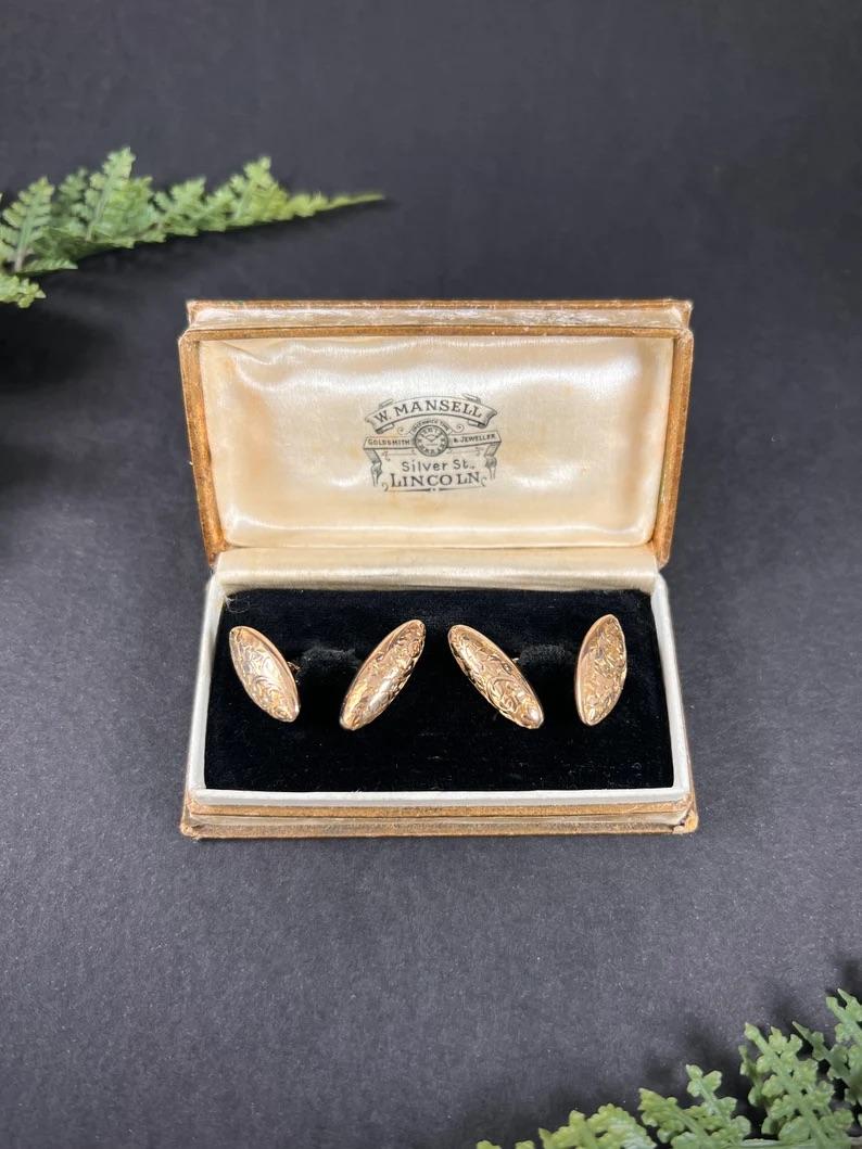 Gemelos Torpedo Victorianos de Oro Rosa de 9 ct con Sello de Birmingham de 1898 Grabado en venta 7