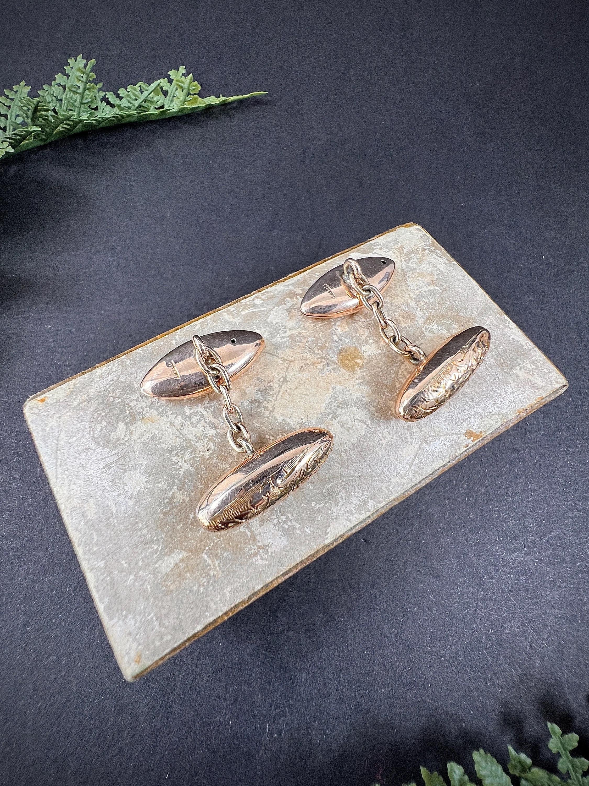 Gemelos Torpedo Victorianos de Oro Rosa de 9 ct con Sello de Birmingham de 1898 Grabado en venta 5