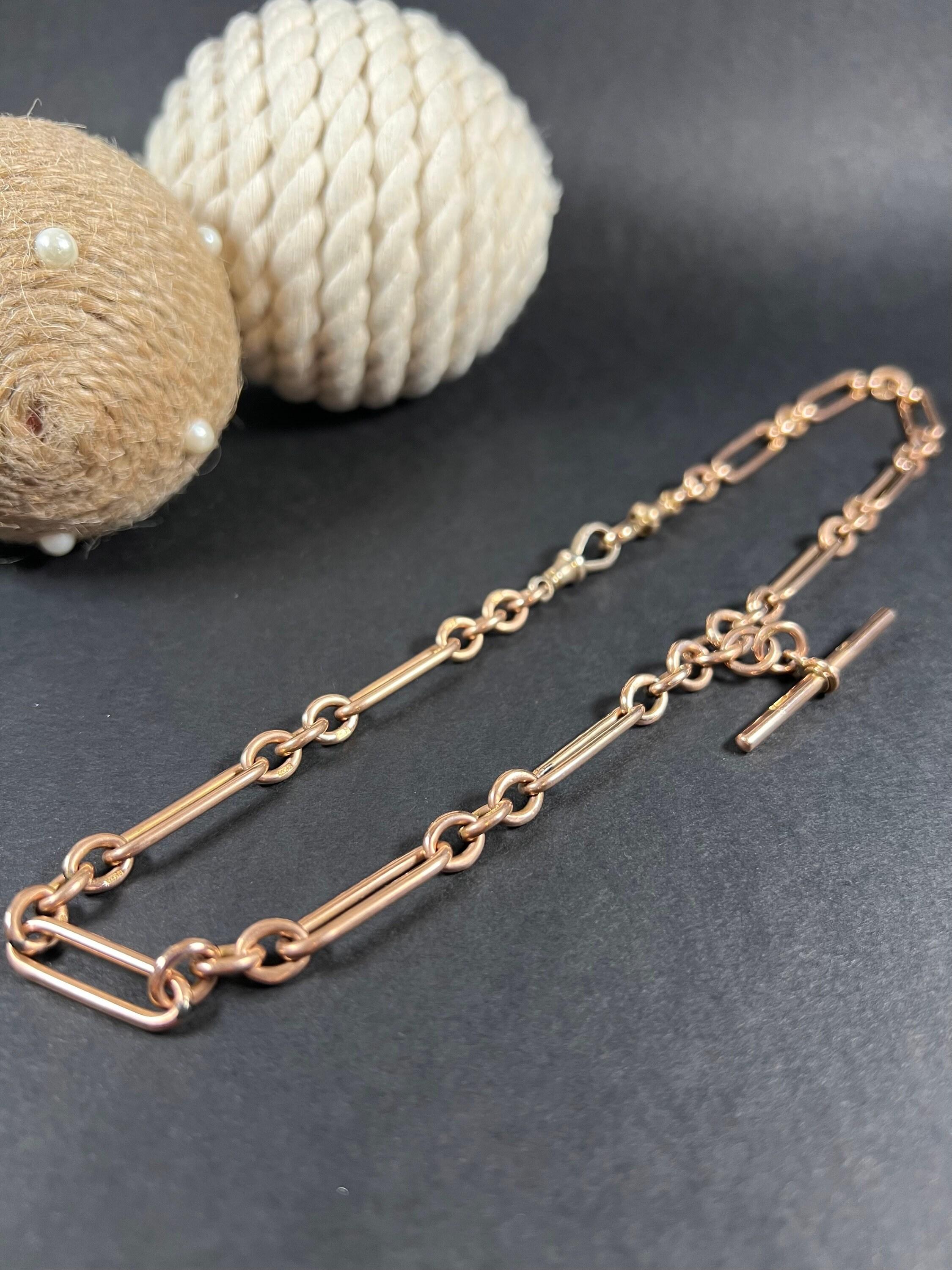 9ct Rose Gold Victorian Fancy Trombone Fetter Link Albert Watch Chain Necklace For Sale 2