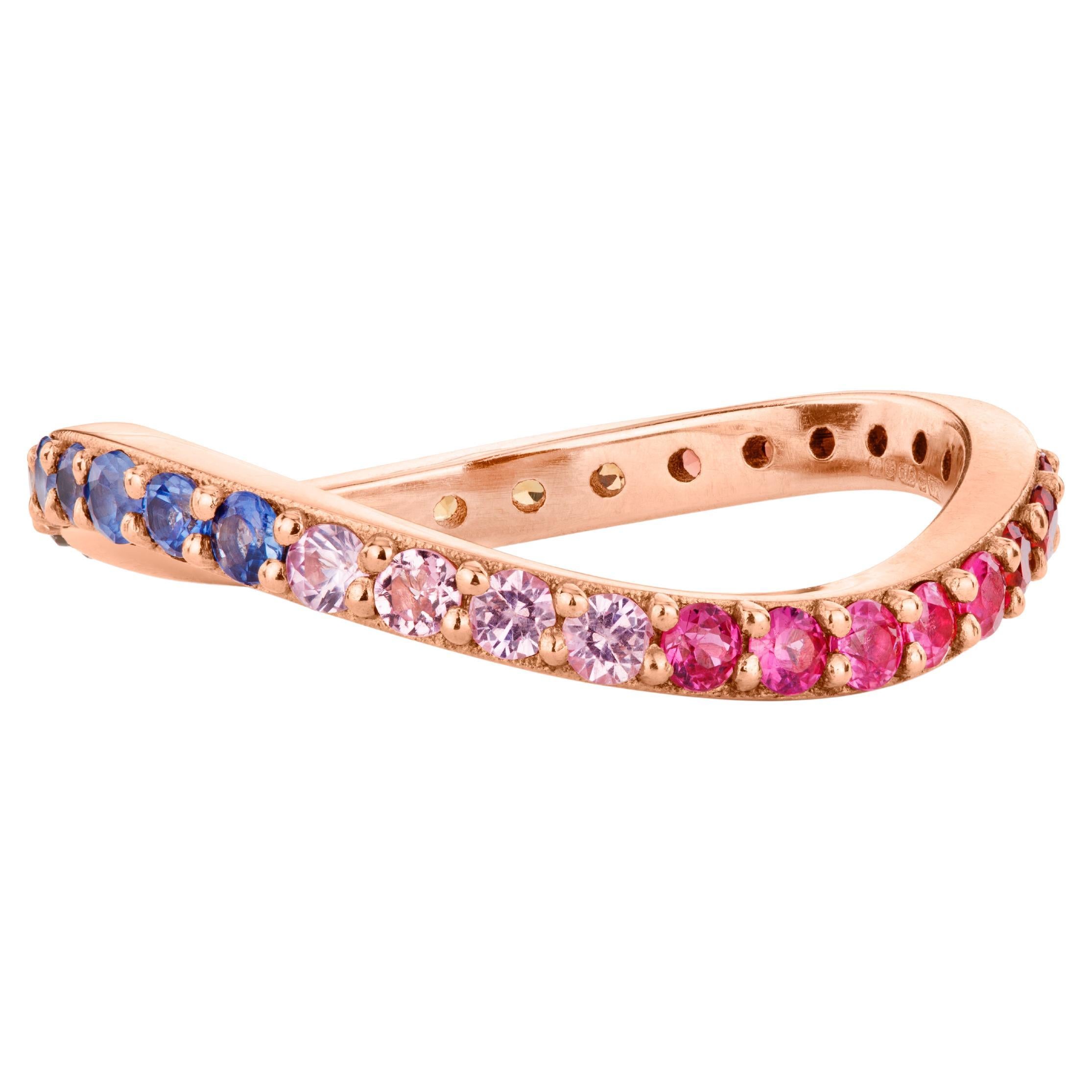 9ct Rose Gold Wave Ring with Ethically Sourced Rainbow Sapphires For Sale